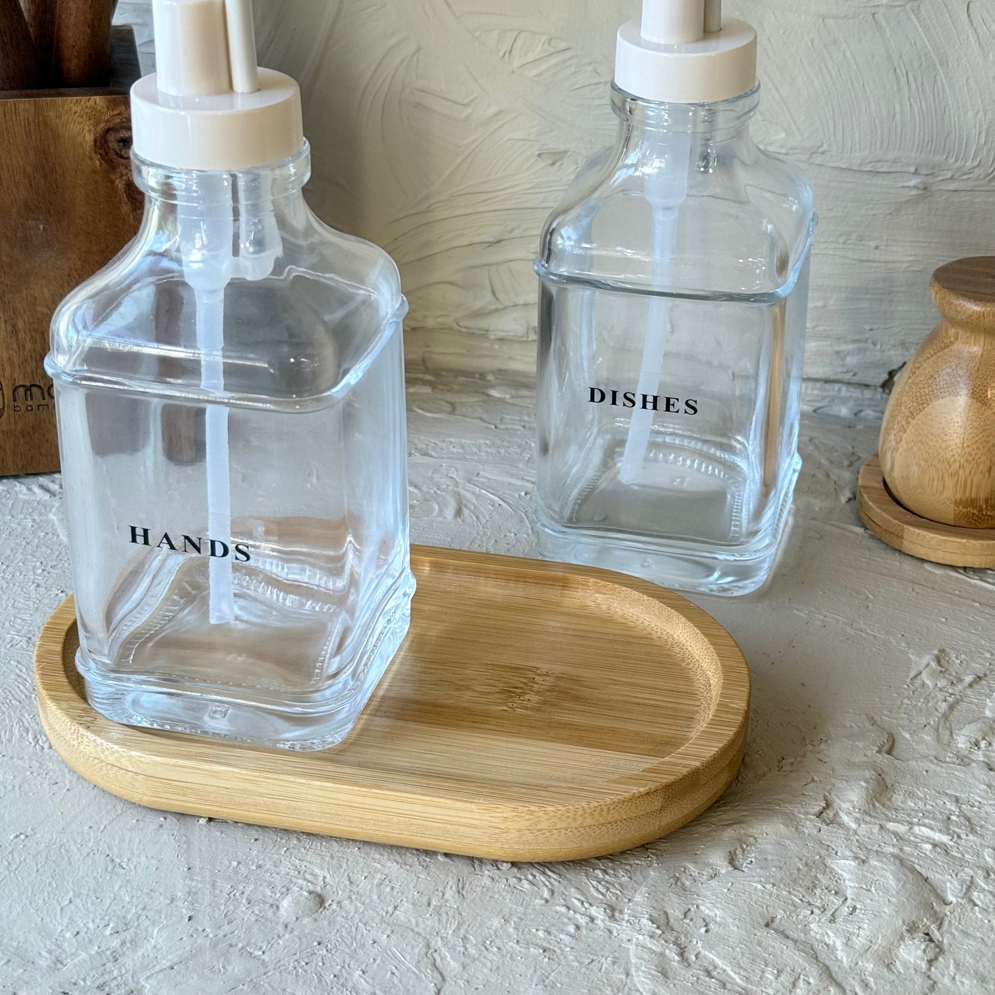 Arow Gael Model Kare Bambu Oval Standlı İkili Cam Sıvı Sabunluk Seti krem KOD:1015