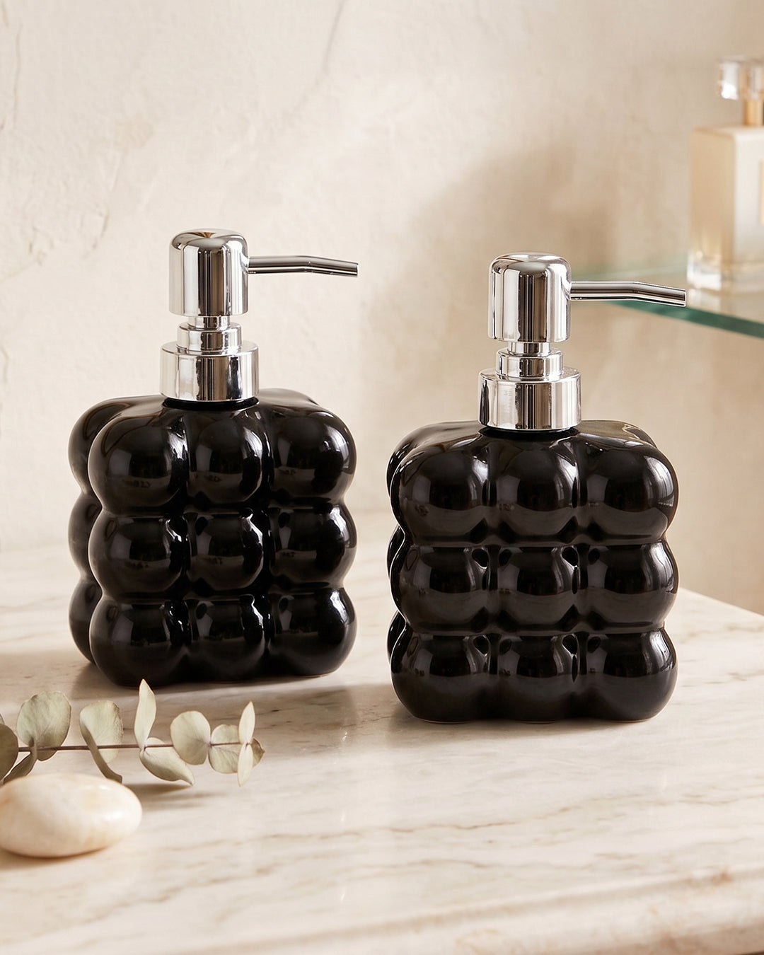 2'li Bubble Tasarım Parlak Siyah Cam Sıvı Sabunluk Seti - 300 ml Krom Başlık