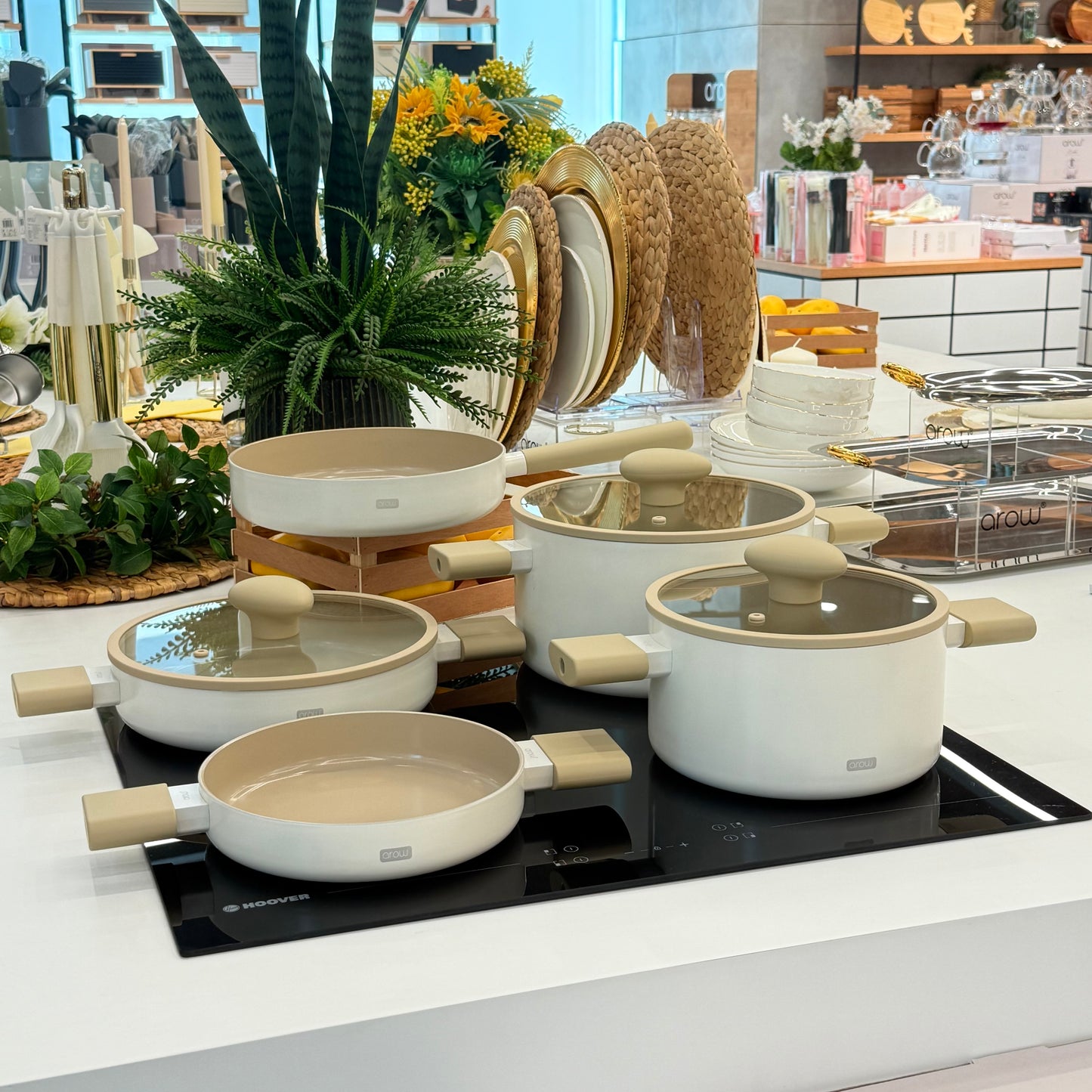 Arow Kristal Kaplama Yapışmaz Taban Tencere Tava Seti 8 Parça Krem