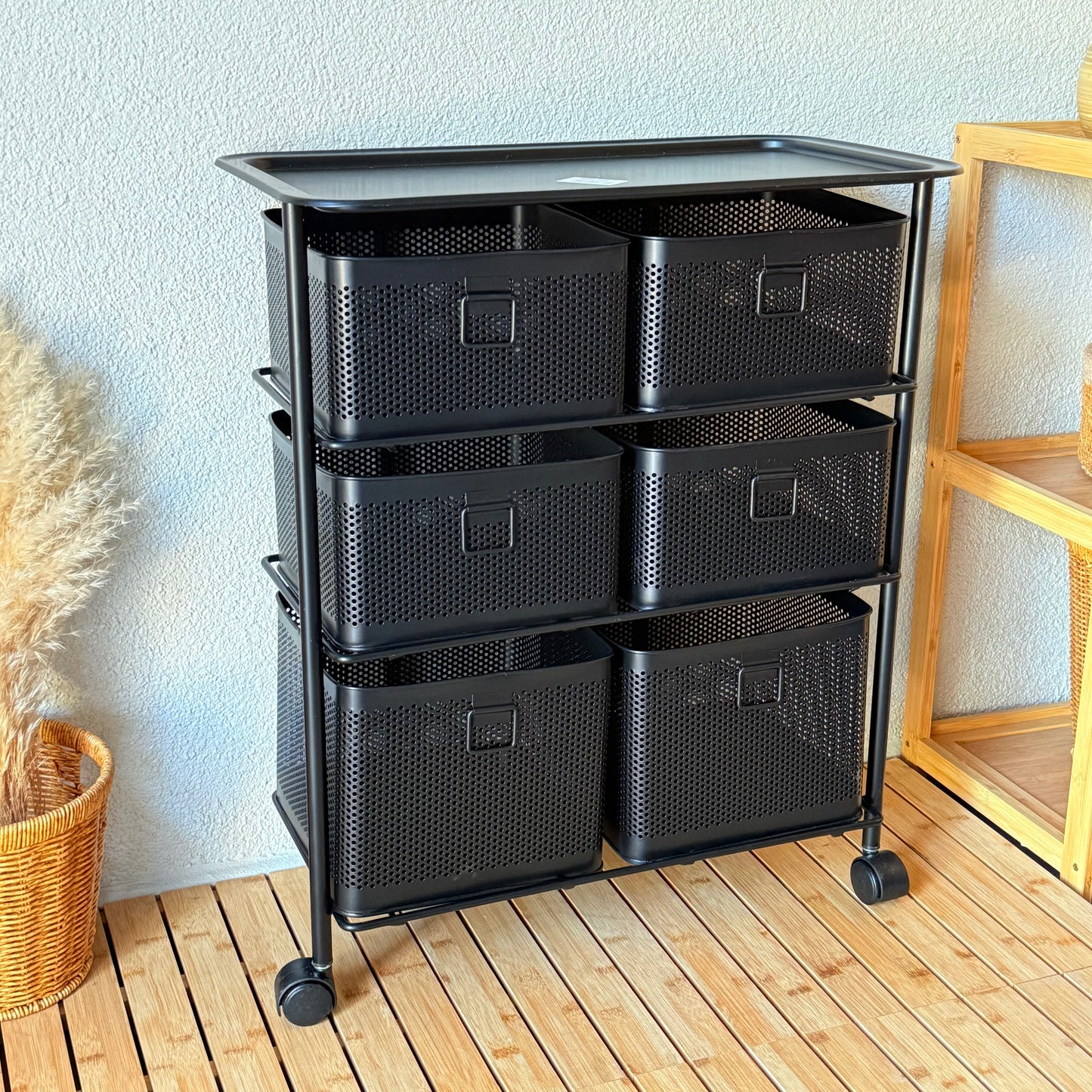 Evanev 3 Katlı Açılır Kapanır 6 Çekmeçeli Tekerlekli Kare Ferforje Sebzelik Siyah KOD:1059T