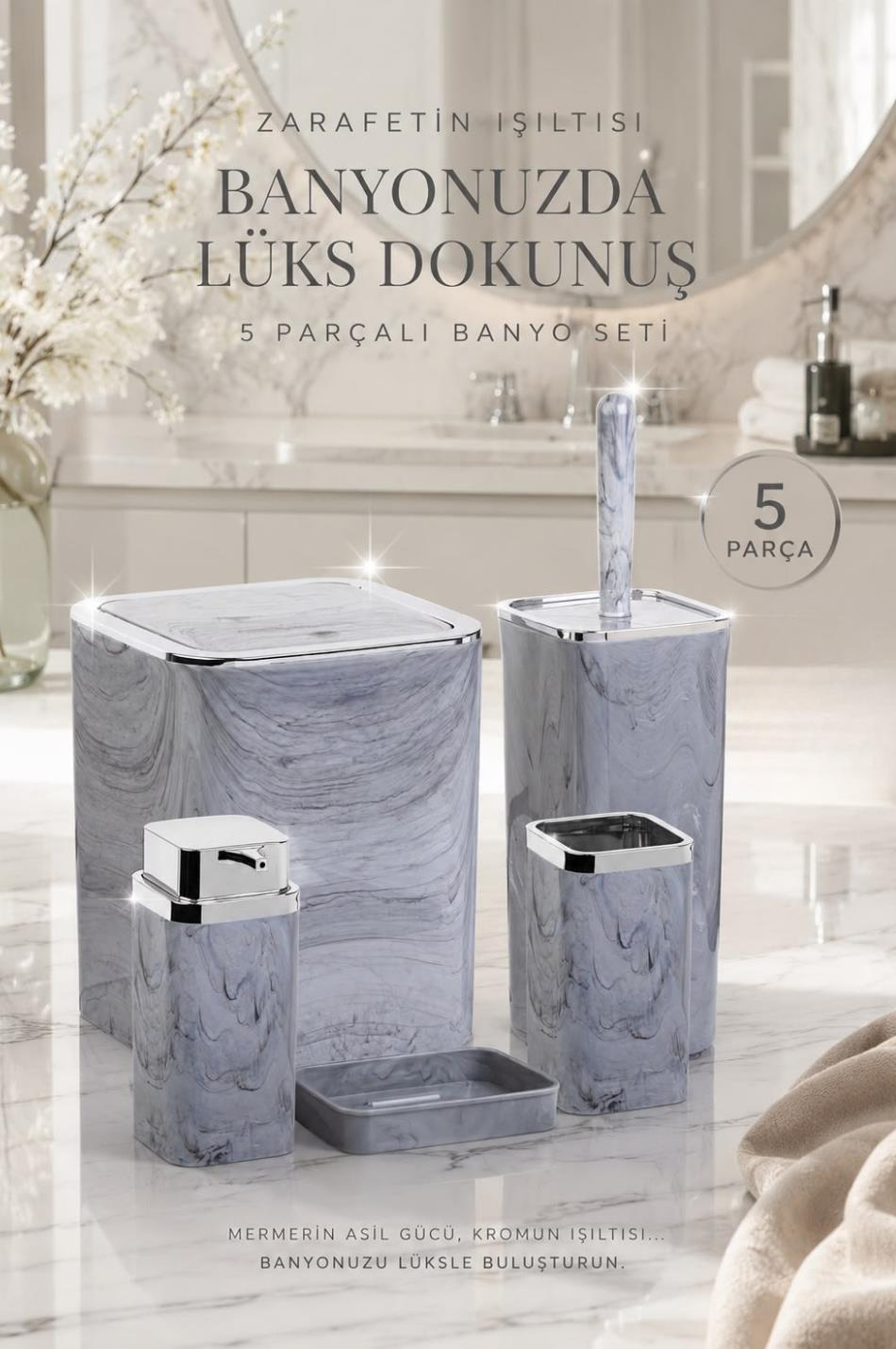 Kare Krom Mermer Desenli 5'li Banyo Seti
