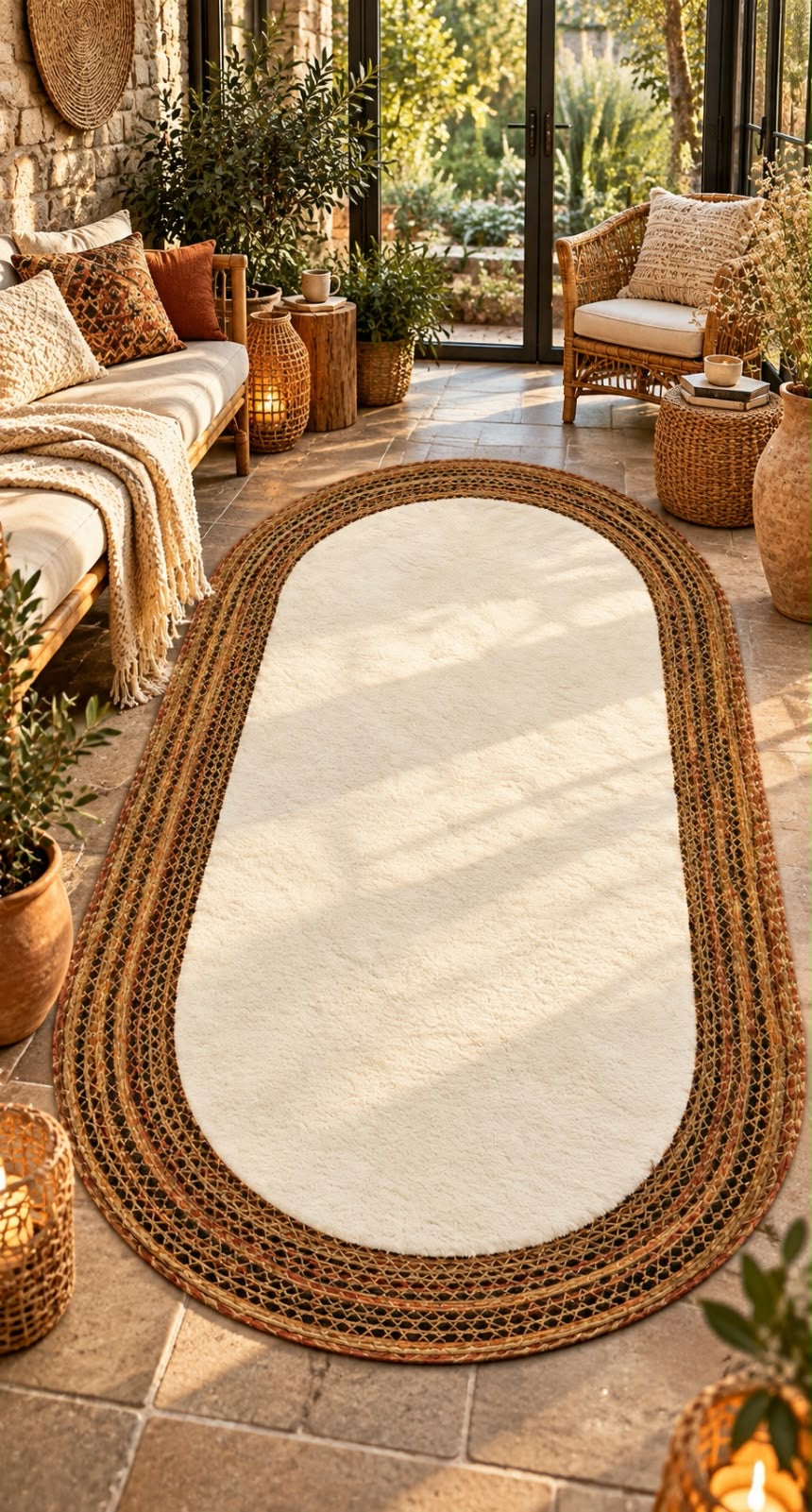 Arven Etnik Jüt ve Peluş Oval Halı - Doğal ve Lüks Dokunuş (80x150cm) 202