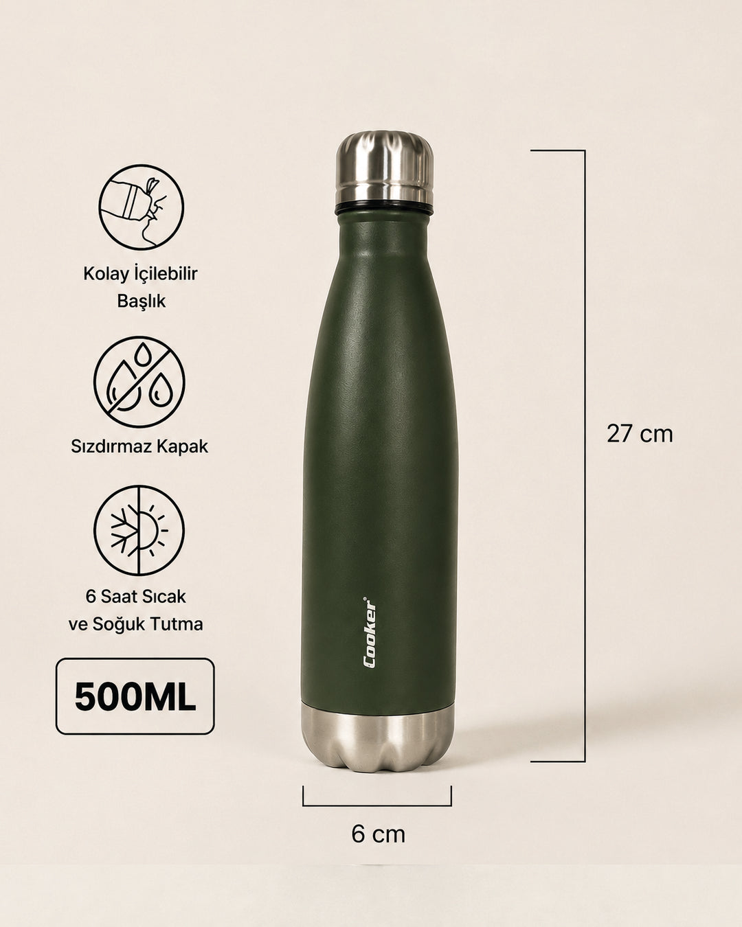500 ml Paslanmaz Çelik Şişe Termos Yeşil Miev