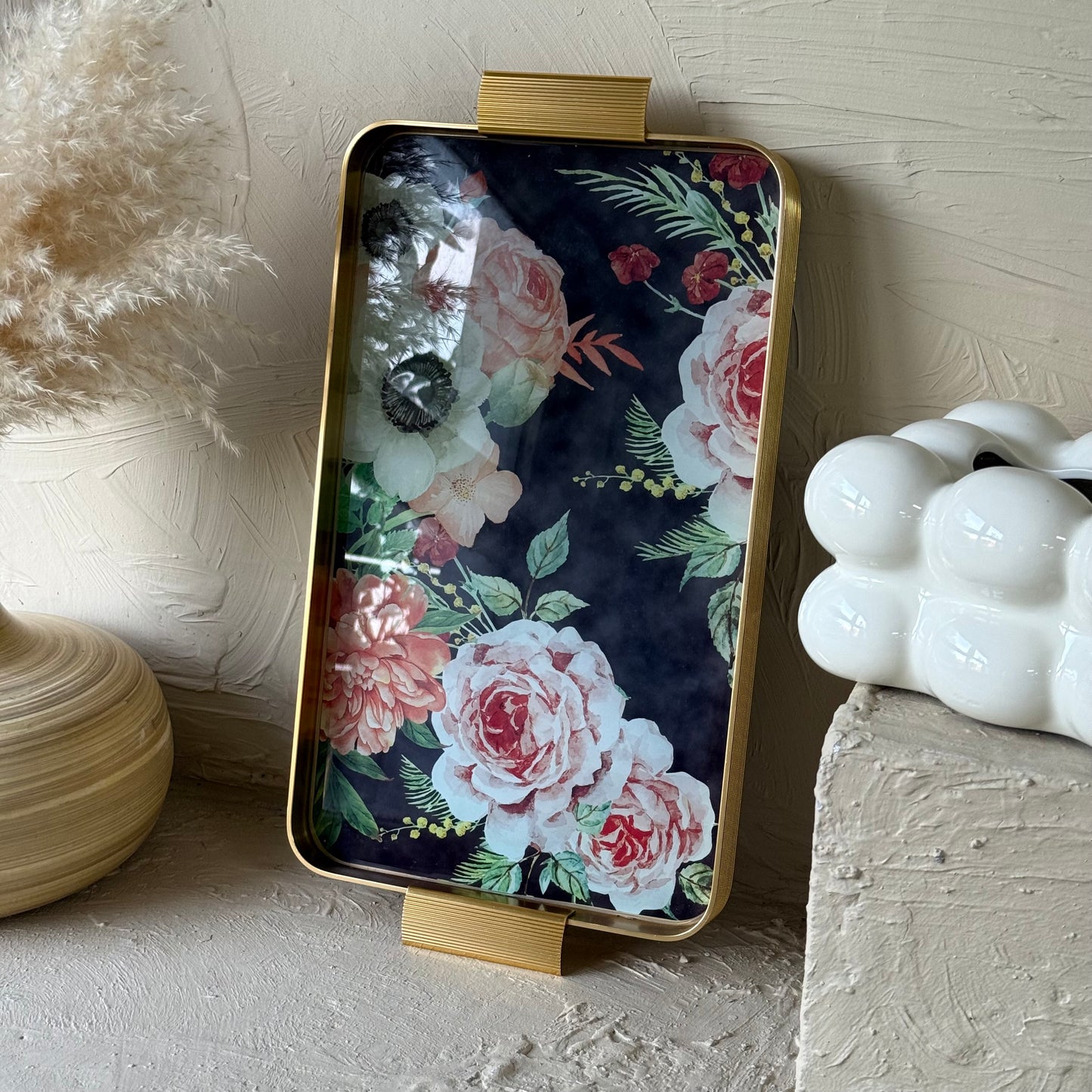 Arow Gold Garden Desenli Cam Tepsi KOD:1212