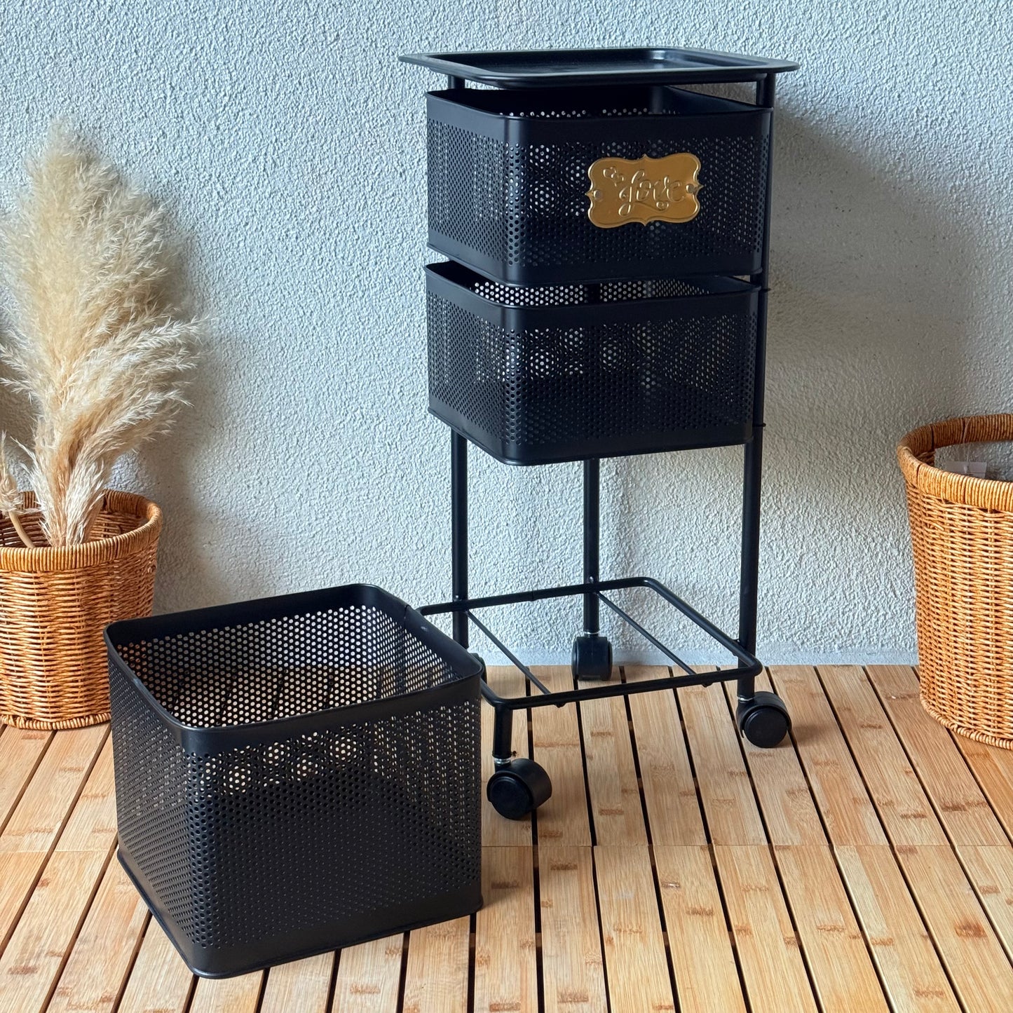 Evanev 3 Katlı Açılır Kapanır Tekerlikli Kare Ferforje Sebzelik Siyah KOD:1058K