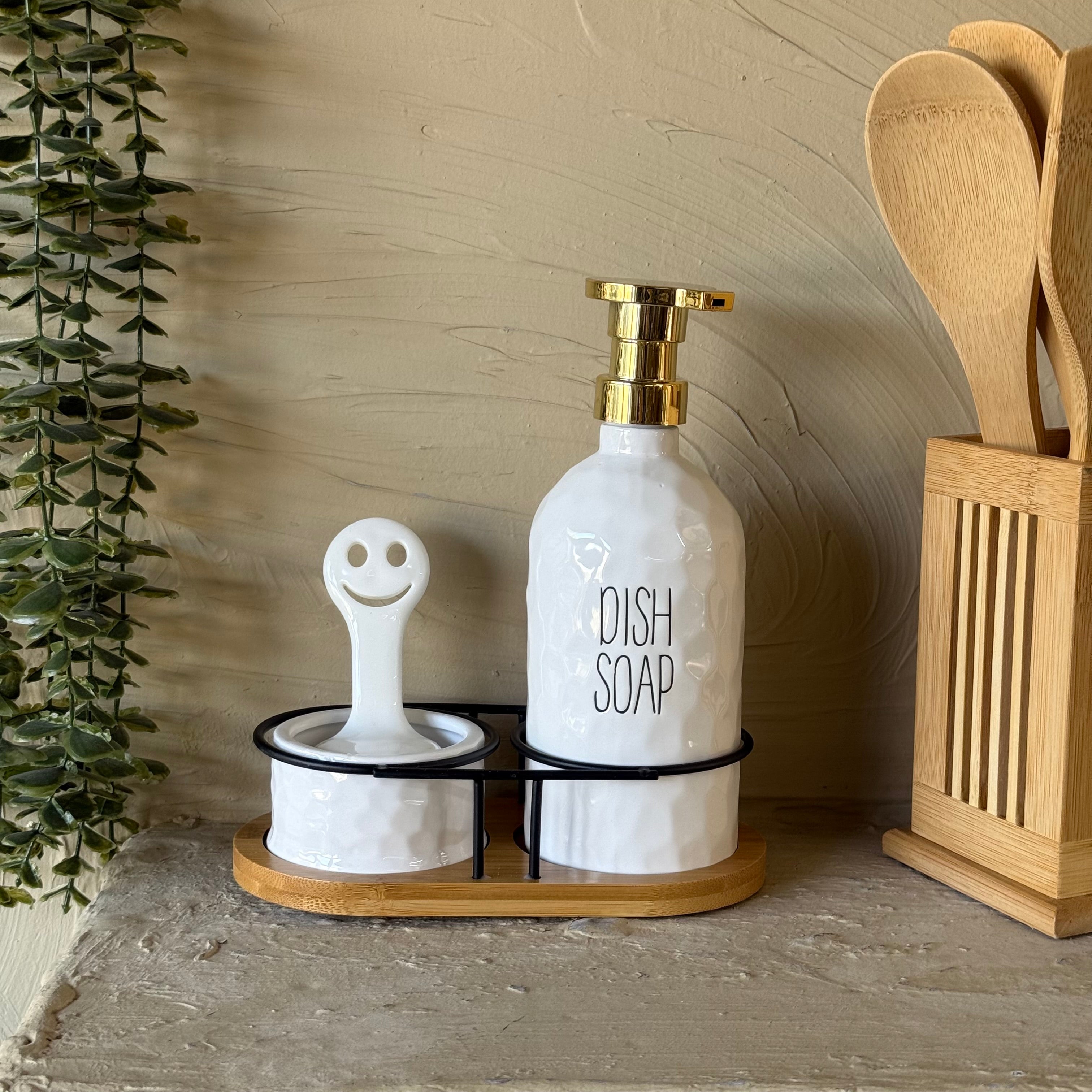 Buenally Mutfak Sıvı Sabunluk Seti Bambu Standlı 4 Parça Beyaz KOD:2407