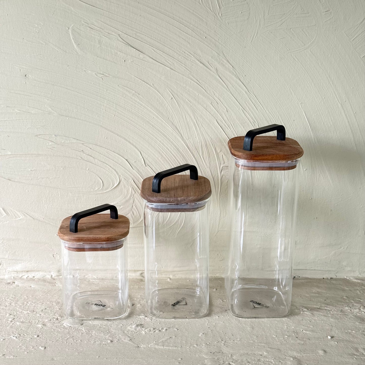 Buenos Kare Model Akasya Ağacı Kapaklı 3 Boy Erzak Kavanoz Seti