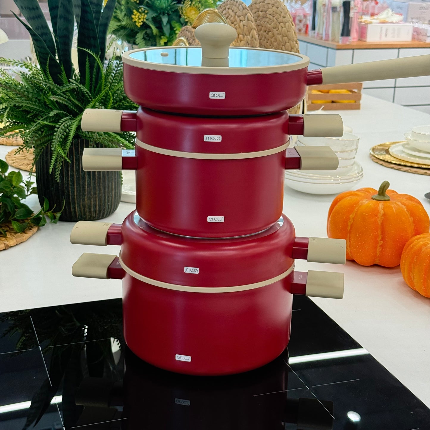 Arow Kristal Kaplama Yapışmaz Taban Tencere Tava Seti 8 Parça Bordo