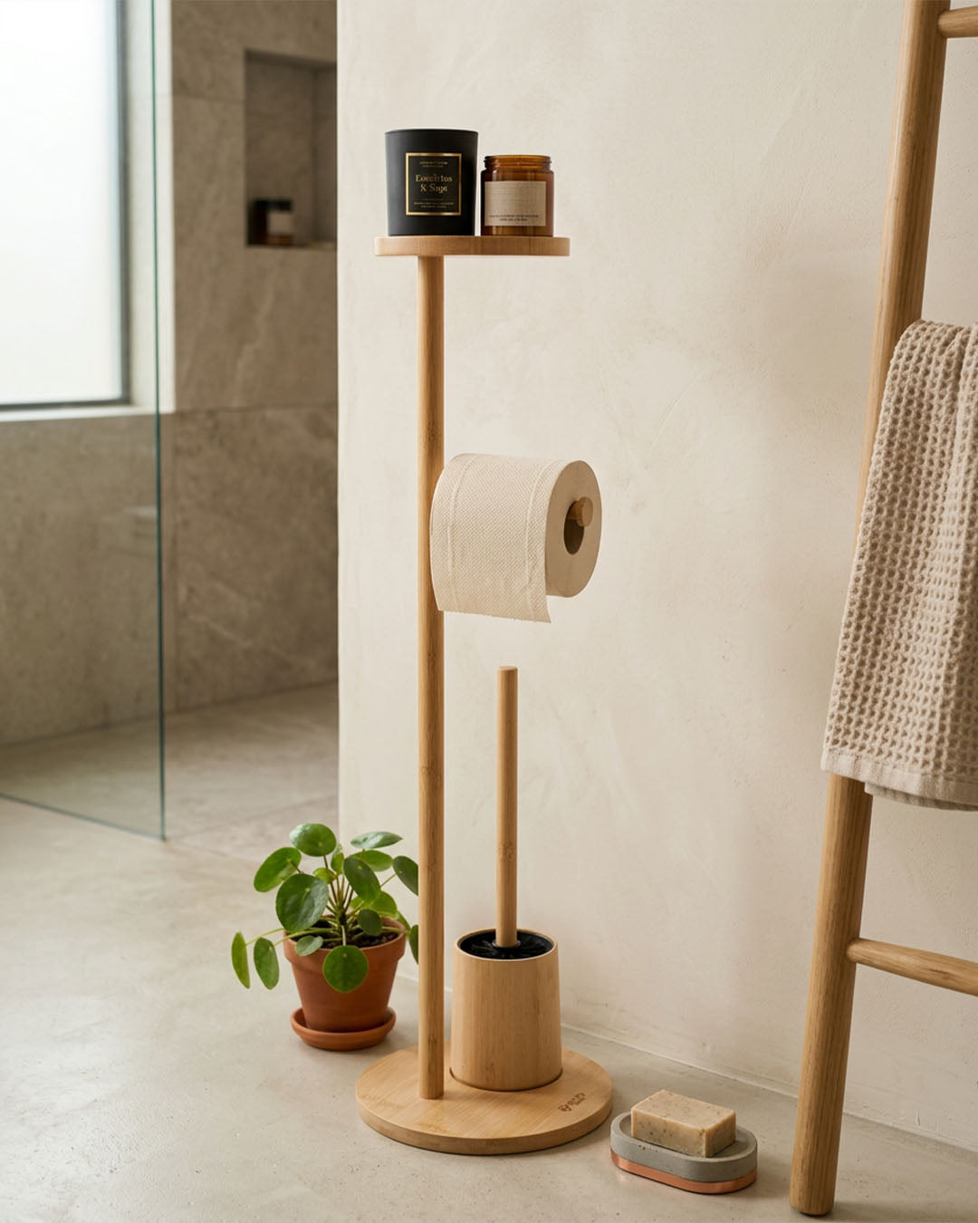 Doğal Bambu Raflı ve Fırçalı Tuvalet Kağıdı Standı