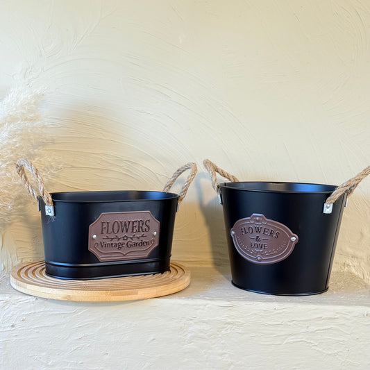 Tutku Halat Kulplu Metal İki Boy Vintage Saksı Siyah KOD:3455-54