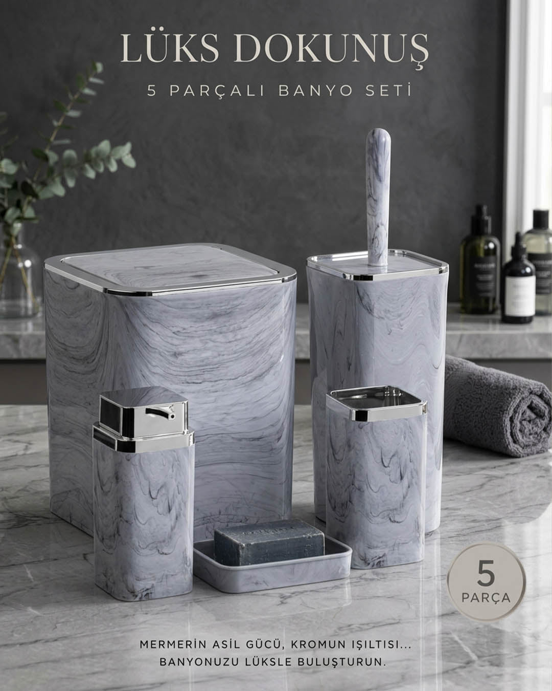 Kare Krom Mermer Desenli 5'li Banyo Seti