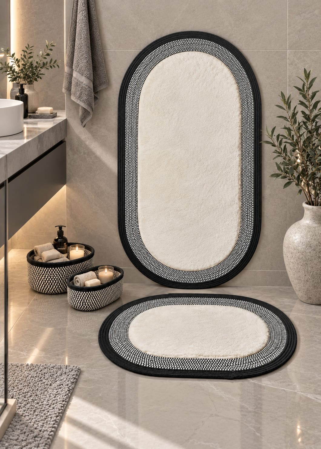 LuxeOval Siyah-Krem Peluş Banyo Paspas ve Hasır Organizer 4’lü Seti | Modern & Skandinav Tasarım