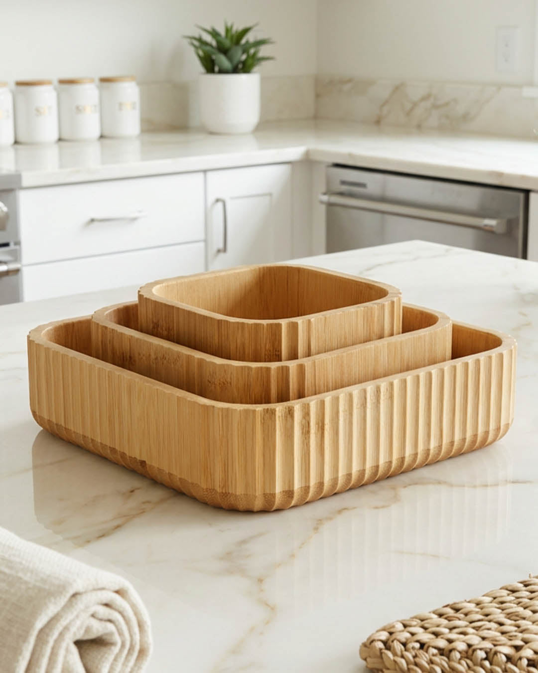 Doğal Ahşap Bambu Oluklu Kare Mutfak & Banyo Düzenleyici Sunum Kabı Seti (3 Boy) Pbt-1170