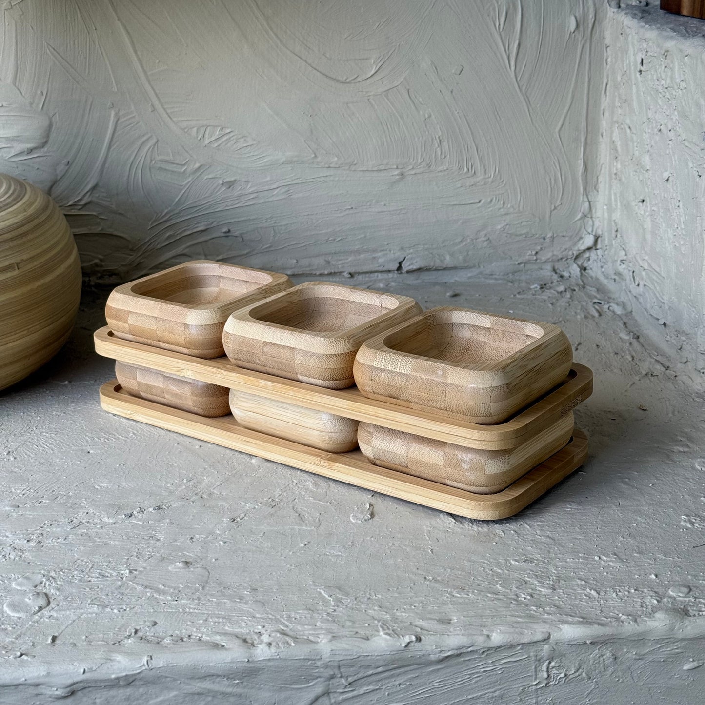 1 ALANA 1 BEDAVA Miev Bambu Standlı 3'Lü Kare Çerezlik Sosluk Seti KOD.398