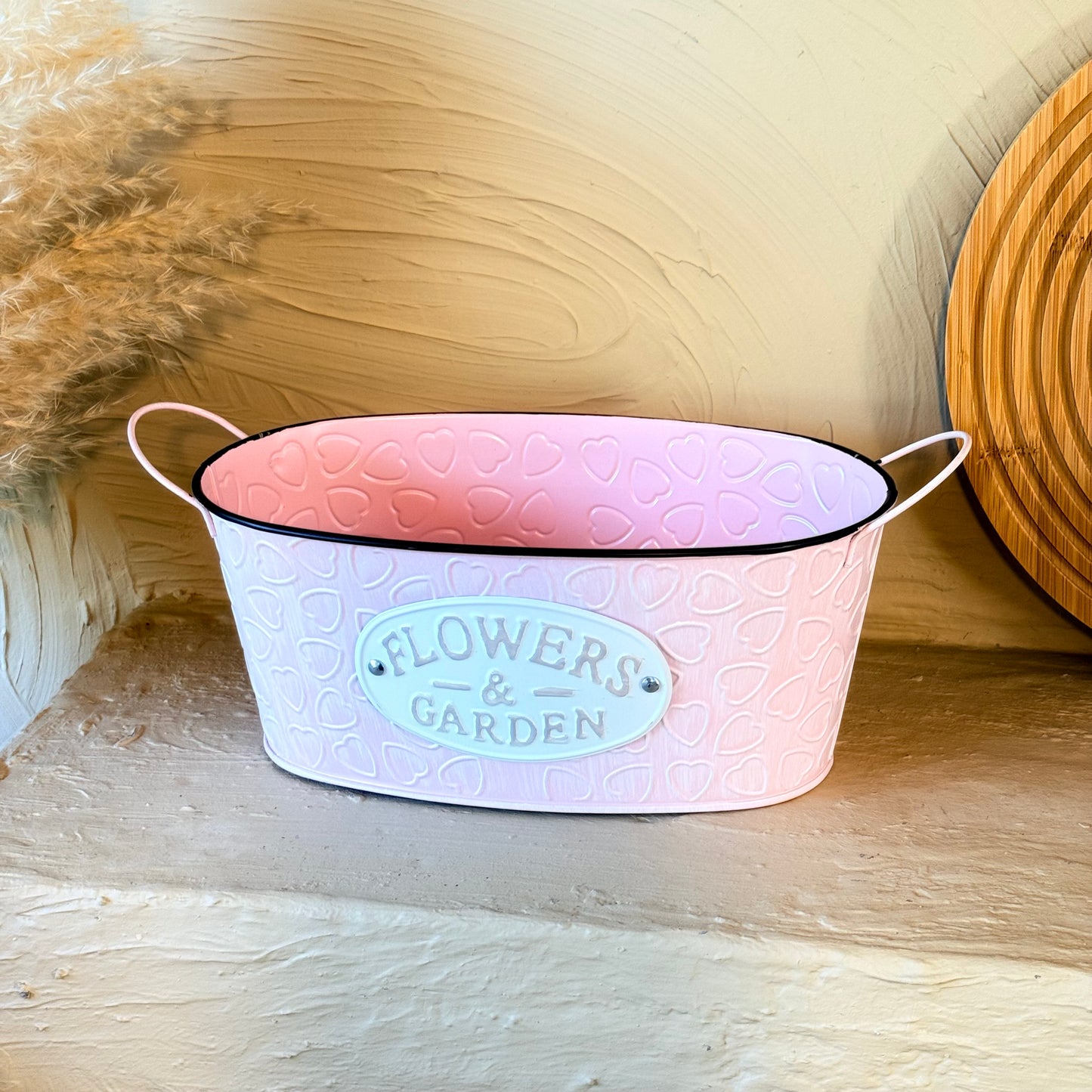 Tutku Vintage Oval Metal Kulplu Saksı Pembe KOD:3458