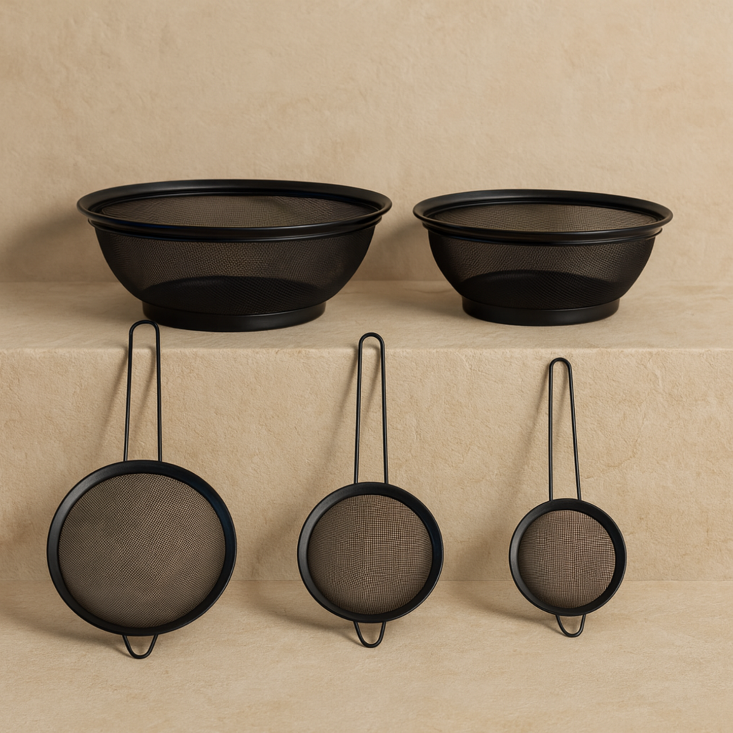 İKAE Jysk 304 Çelik Mat Siyah Süzgeç Seti 5 Parça, Yüksek Kalite