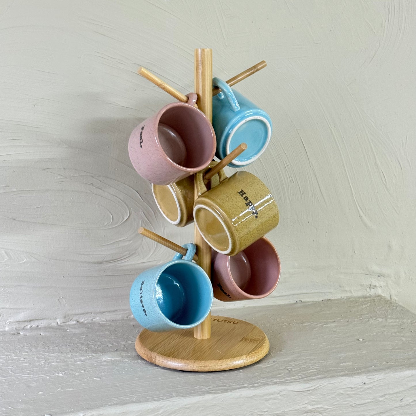 Retro Tutku Bambu Askılı Kupa Seti 7 Parça (Süper Fiyat)