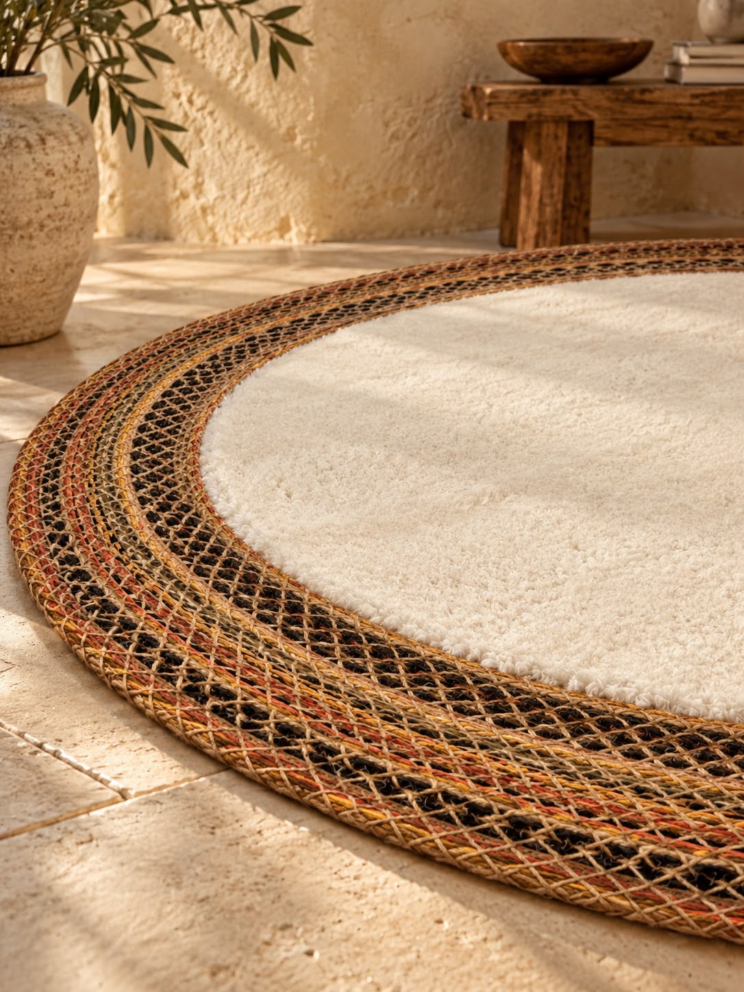 Arven Etnik Jüt ve Peluş Yuvarlak Halı - Doğal ve Lüks Dokunuş (100x100 cm) 202 Renkli