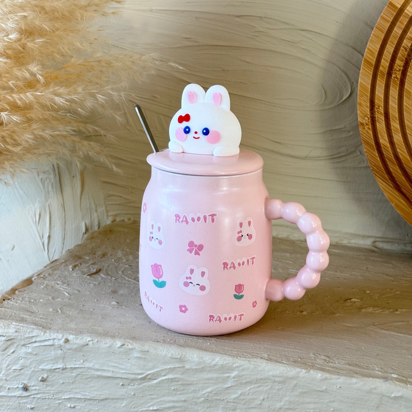 Tutku Rabbit Kapaklı Porselen Kupa Pembe