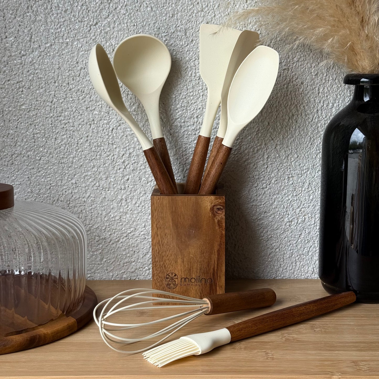 Molino Akasya Ağacı Standlı Silikon Mutfak Seti 8 Parça Krem