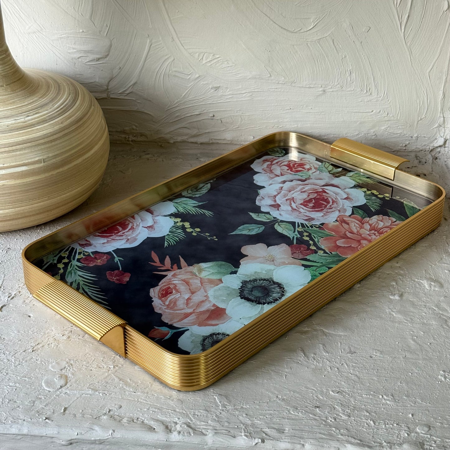 Arow Gold Garden Desenli Cam Tepsi KOD:1212