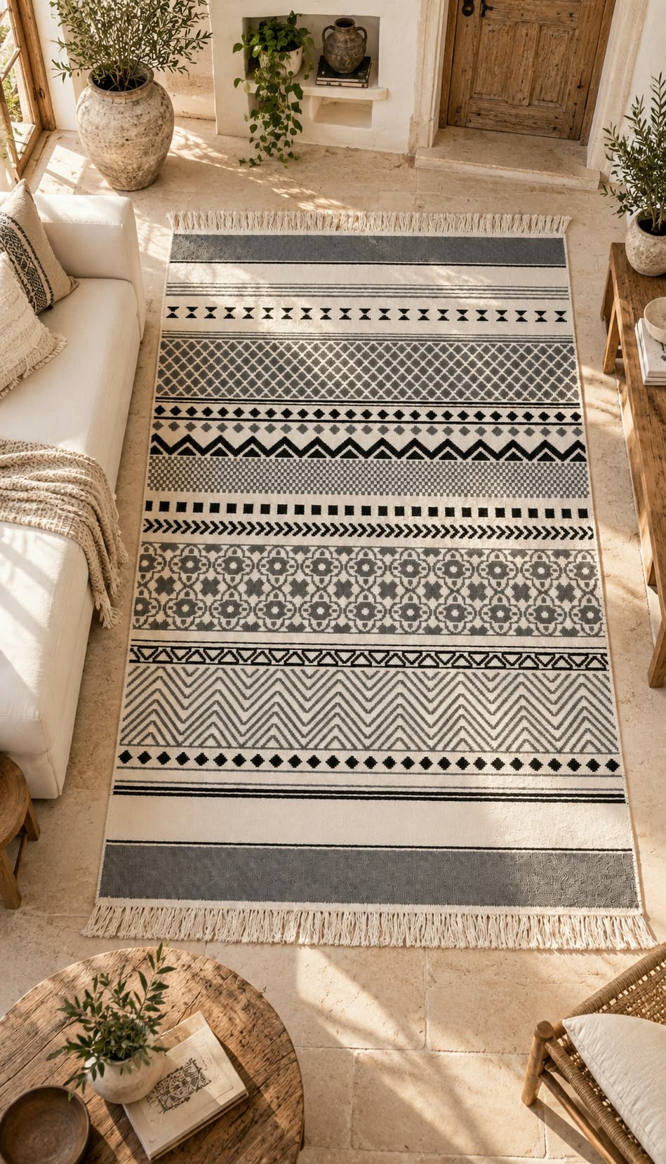 İskandinav Desenli Pamuklu Dokuma Kilim - Vizon Gri  Kilim (120x180 cm)
