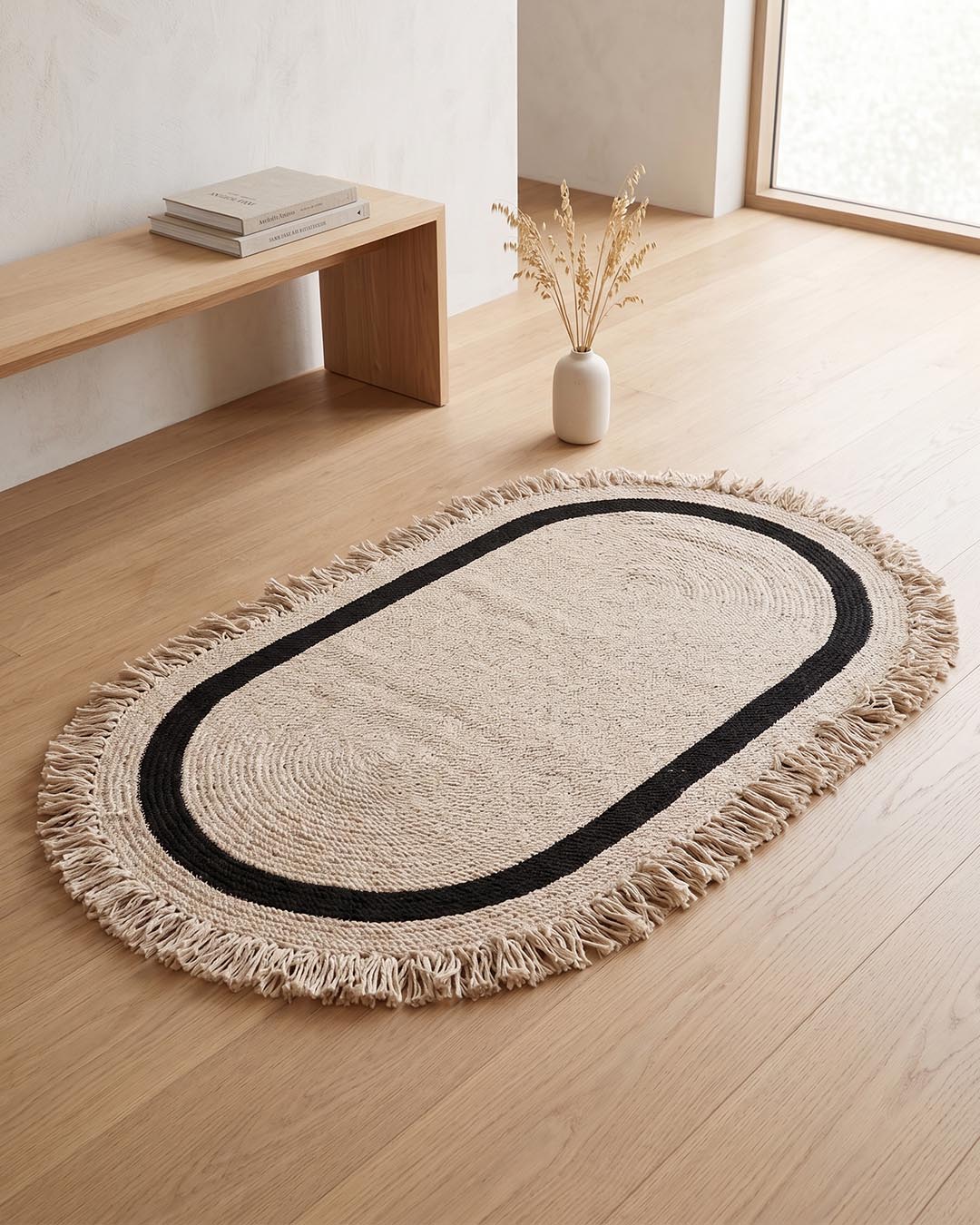 Tuuli Natural Halka Desenli El Dokuma Jüt Oval Halı – Premium Dekoratif Tasarım 80x150 Krem-Siyah