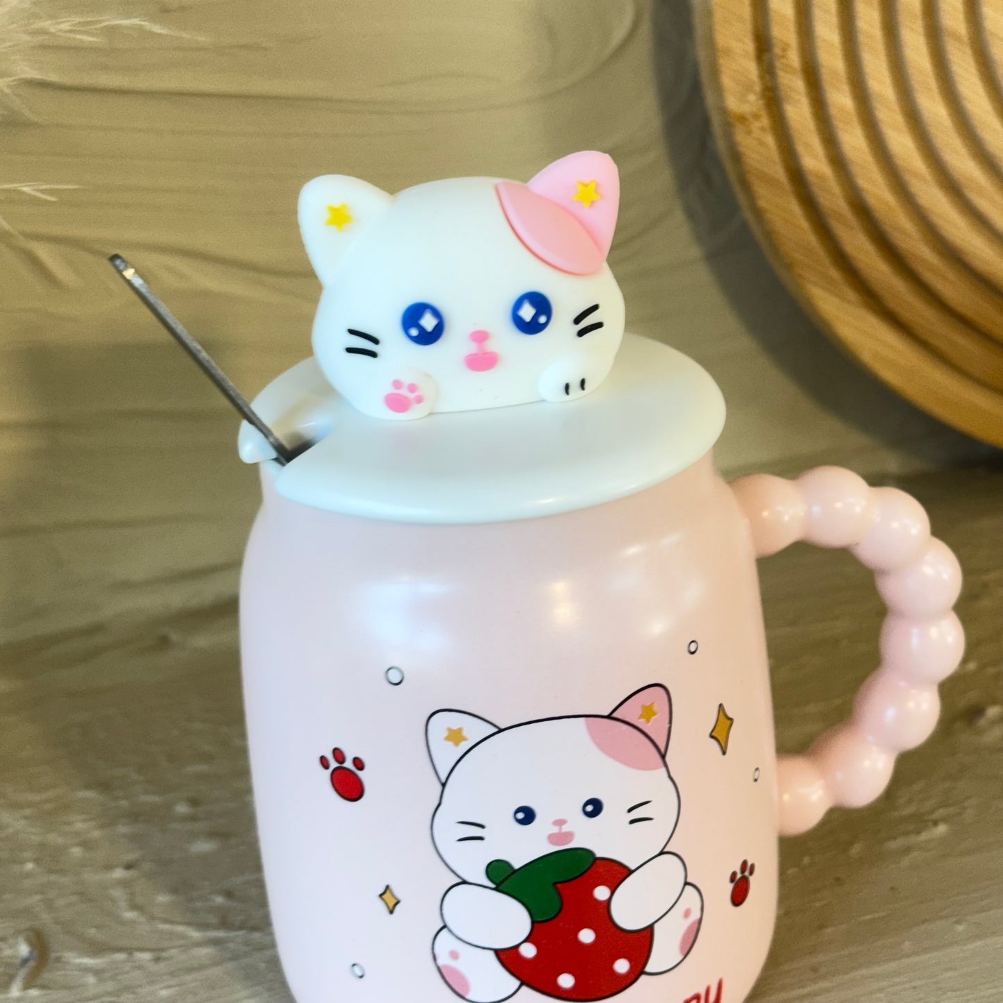 Tutku Strawberry Kapaklı Porselen Kupa Pembe