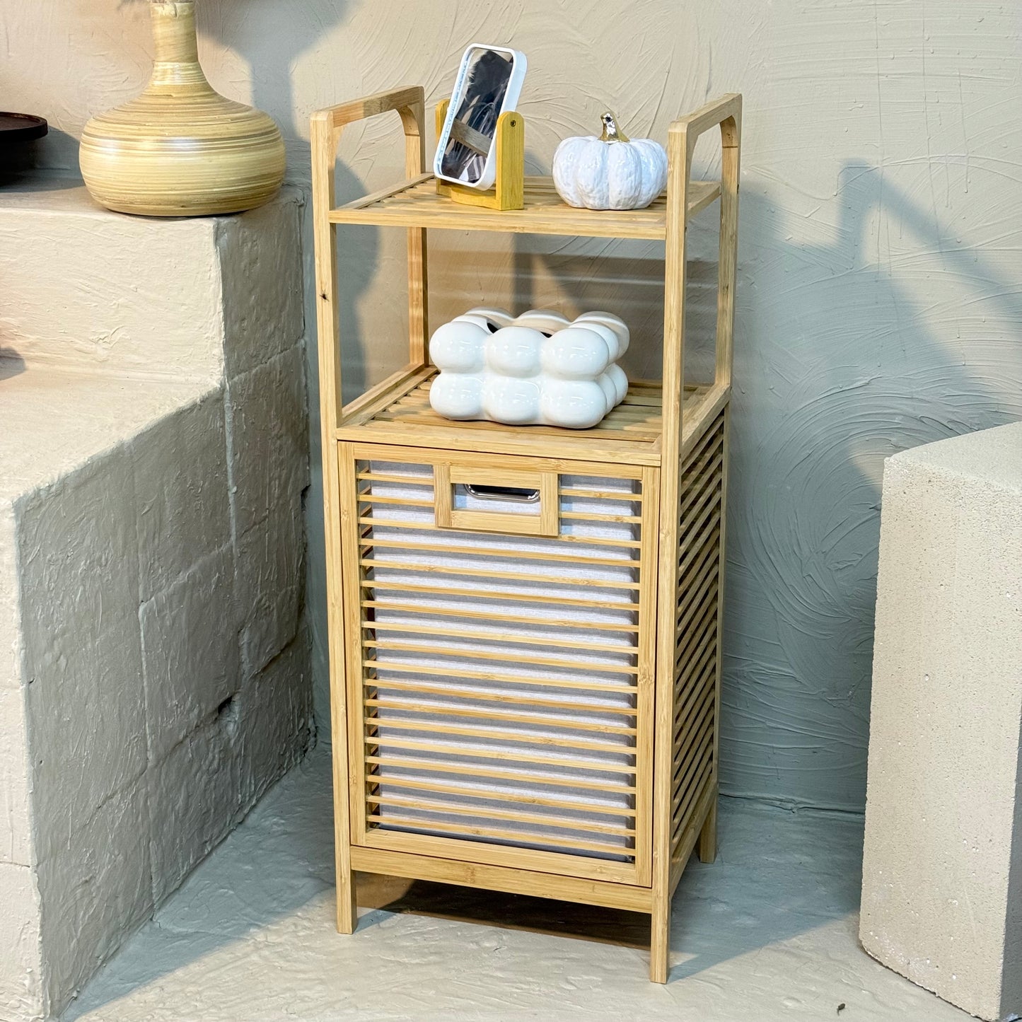 Lalezar 2 Raflı Bambu Kirli Çamaşır Sepeti Krem  KOD:8020