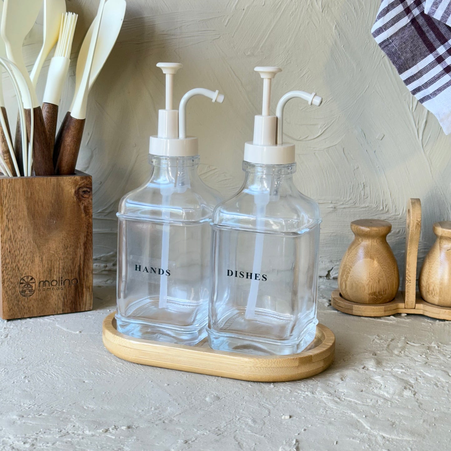 Arow Gael Model Kare Bambu Oval Standlı İkili Cam Sıvı Sabunluk Seti krem KOD:1015