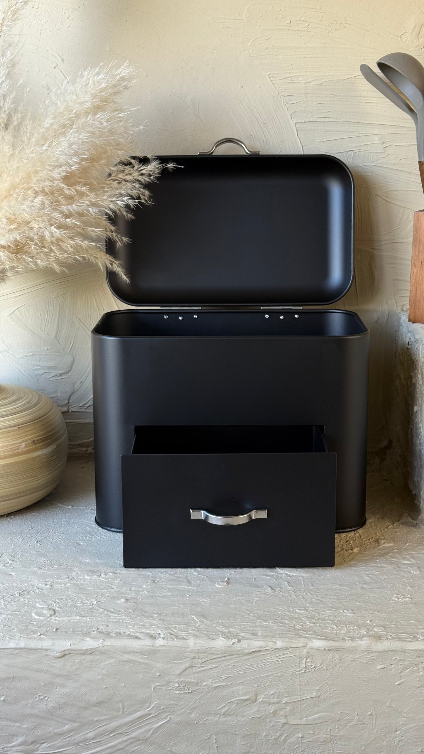 Vintage Çekmeceli Metal Ekmeklik Mat Siyah KOD:019