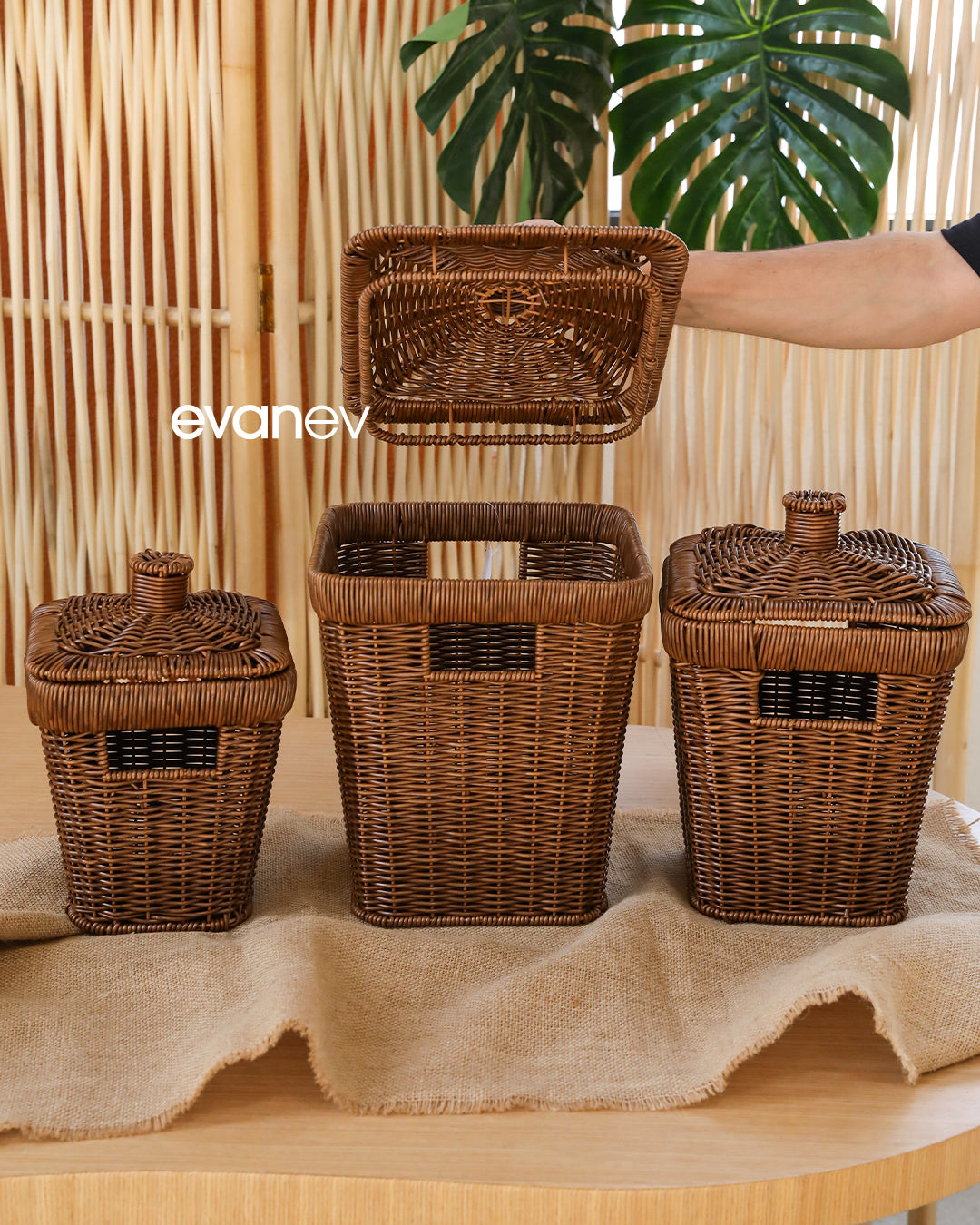 Wls Rattan 3 Boy Kare Patates Soğanlık Seti Kahve208