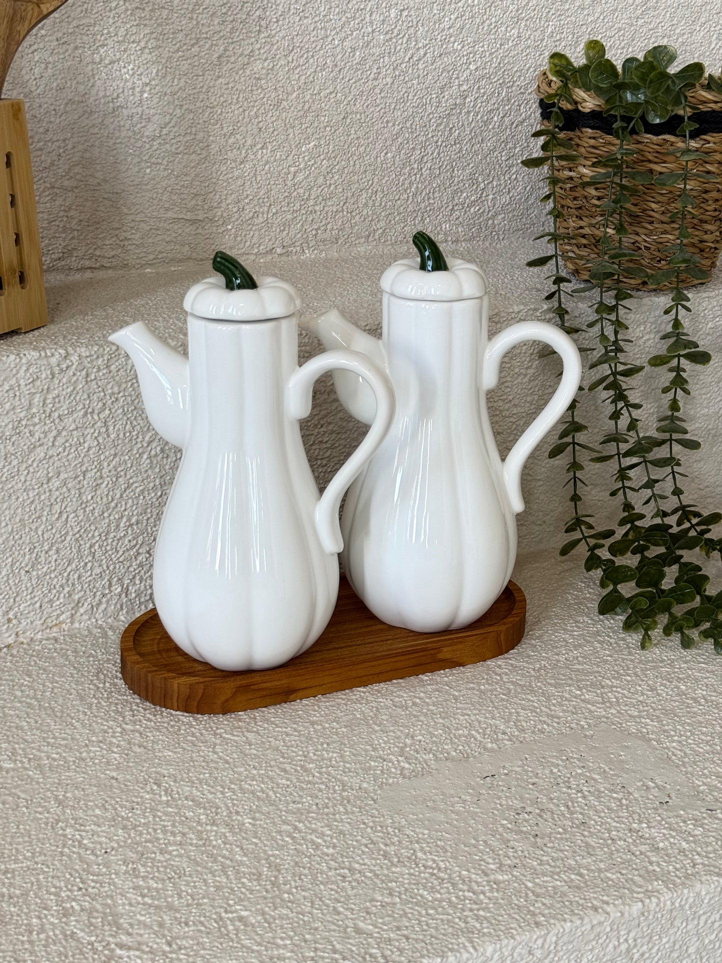 Pumpkin Ahşap Standlı İkili Yağdanlık Seti Beyaz KOD:6492