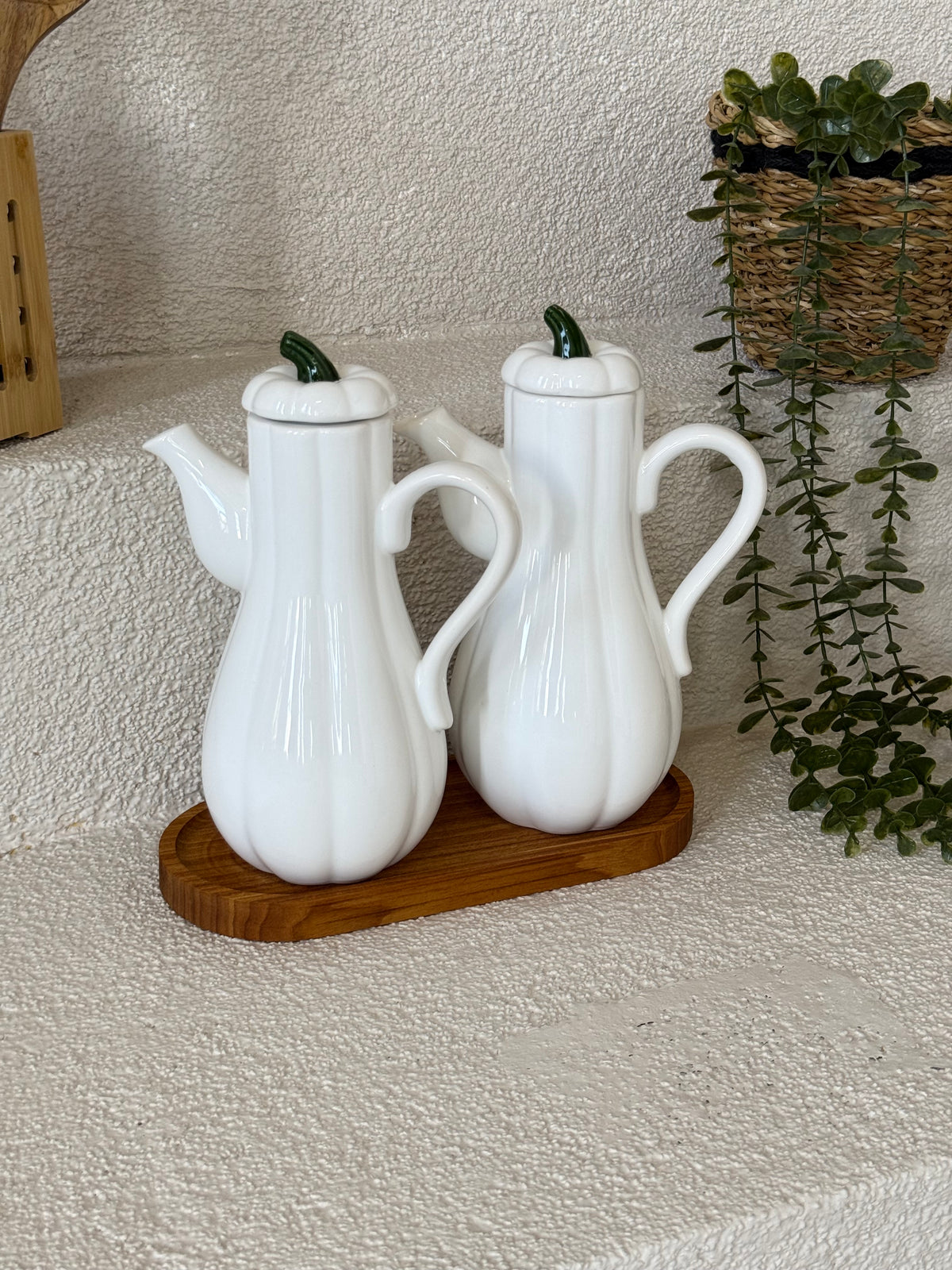 Pumpkin Ahşap Standlı İkili Yağdanlık Seti Beyaz KOD:6492