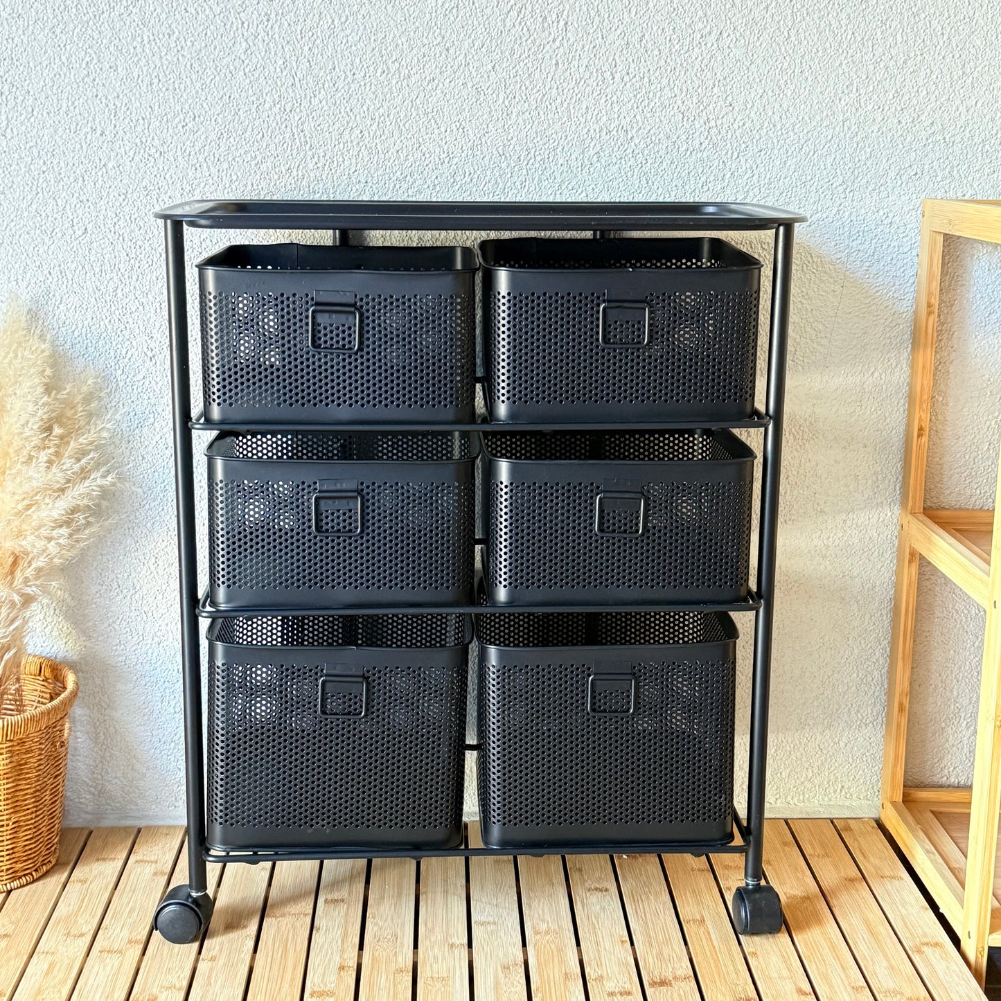 Evanev 3 Katlı Açılır Kapanır 6 Çekmeçeli Tekerlekli Kare Ferforje Sebzelik Siyah KOD:1059T