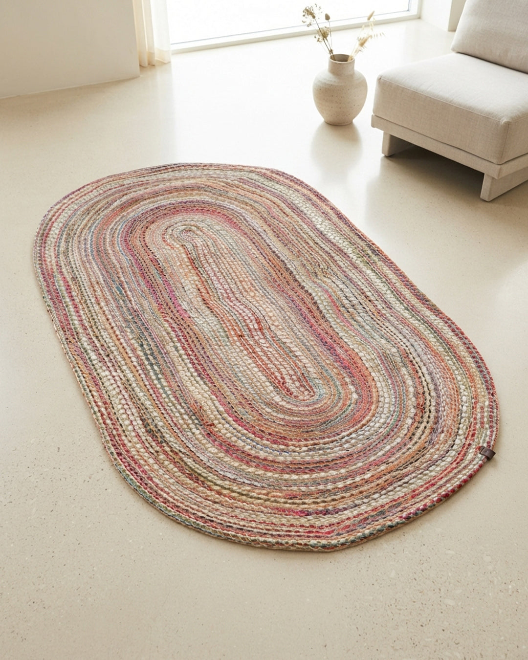 Arven Renkli İplik Detaylı Doğal Jüt Oval Paspas (80 x 150 cm)