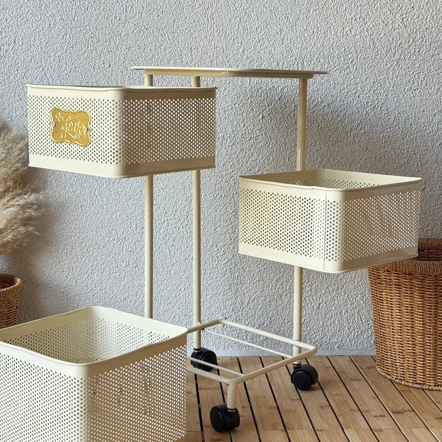 Evanev 3 Katlı Açılır Kapanır Tekerlikli Kare Ferforje Sebzelik Krem KOD:1058K