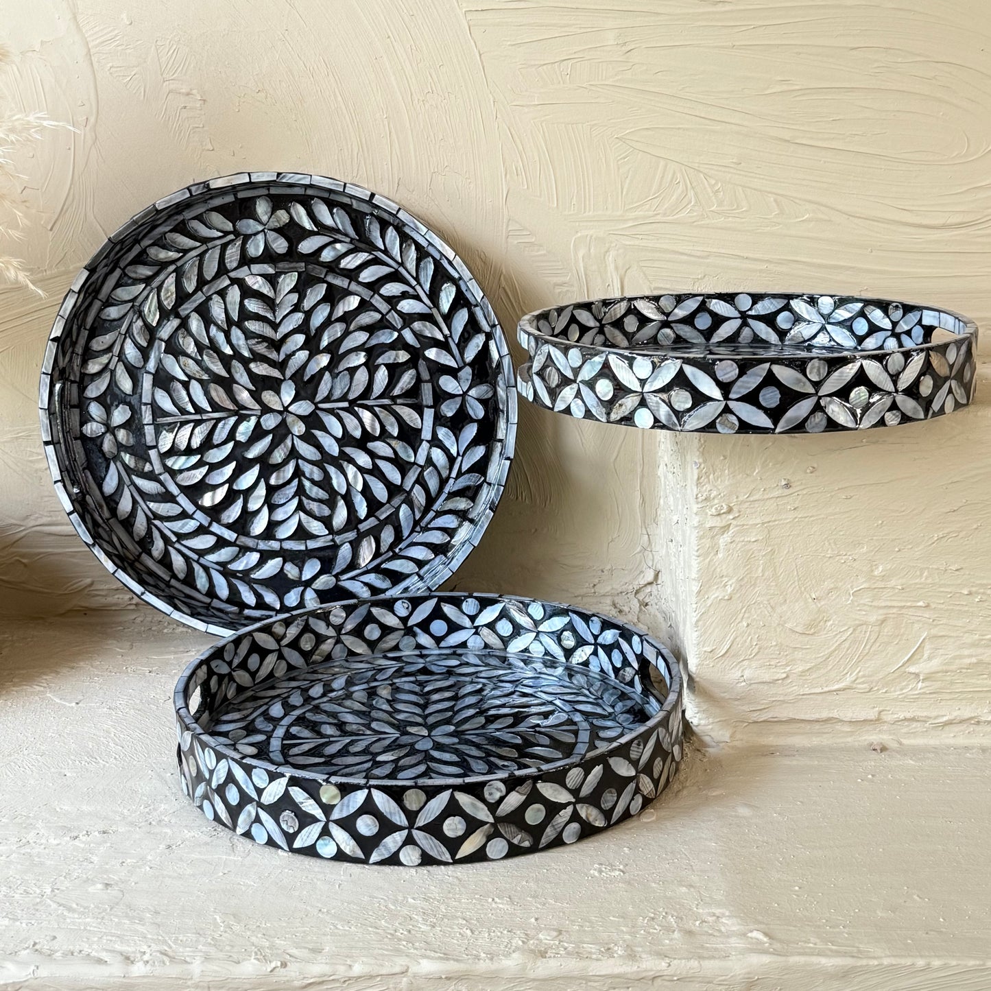 SVR Sedef 3 Lü Yuvarlak Tepsi Seti KOD:61874 Siyah