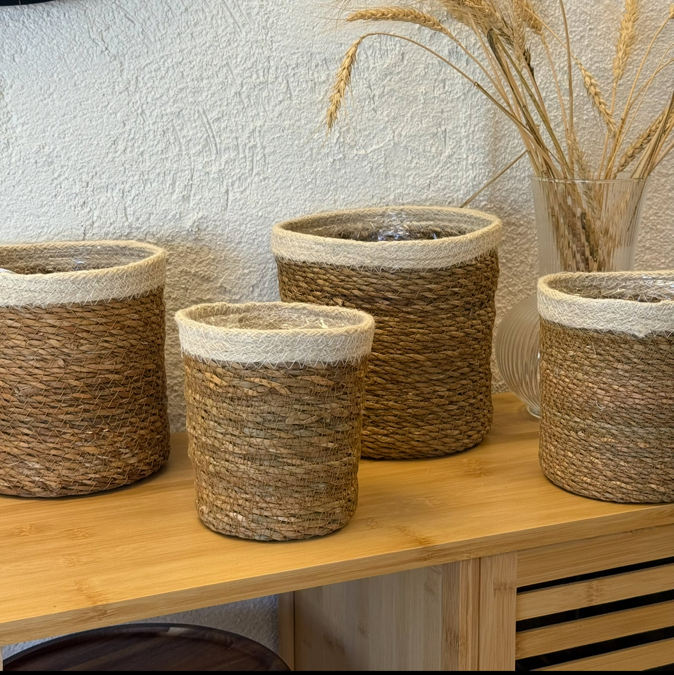 SVR Hasır Krem Çizgili 4 Boy Saksı Sepet Seti