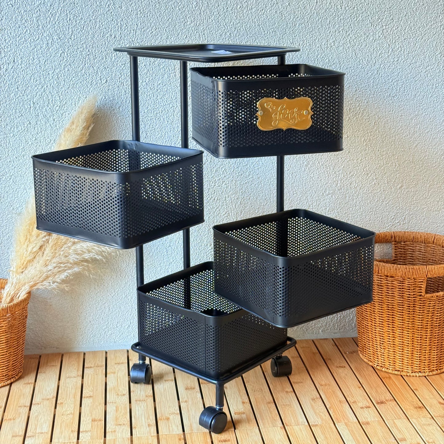 Evanev 4 Katlı Açılır Kapanır Tekerlikli Kare Ferforje Sebzelik Siyah KOD:1057K