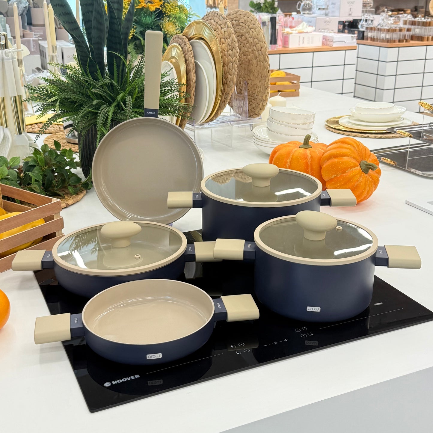 Arow Kristal Kaplama Yapışmaz Taban Tencere Tava Seti 8 Parça Mavi