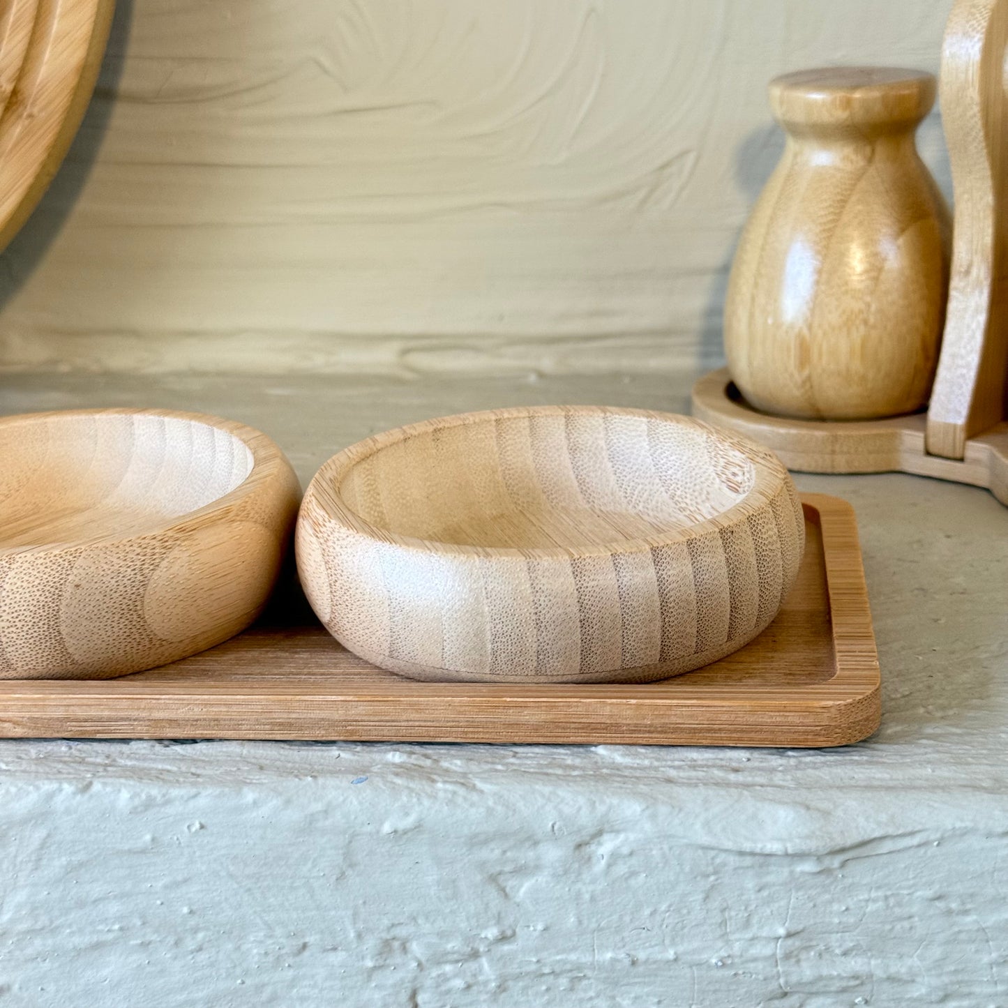 Miev Bambu Standlı 3Lü Yuvarlak Çerezlik Sosluk Seti