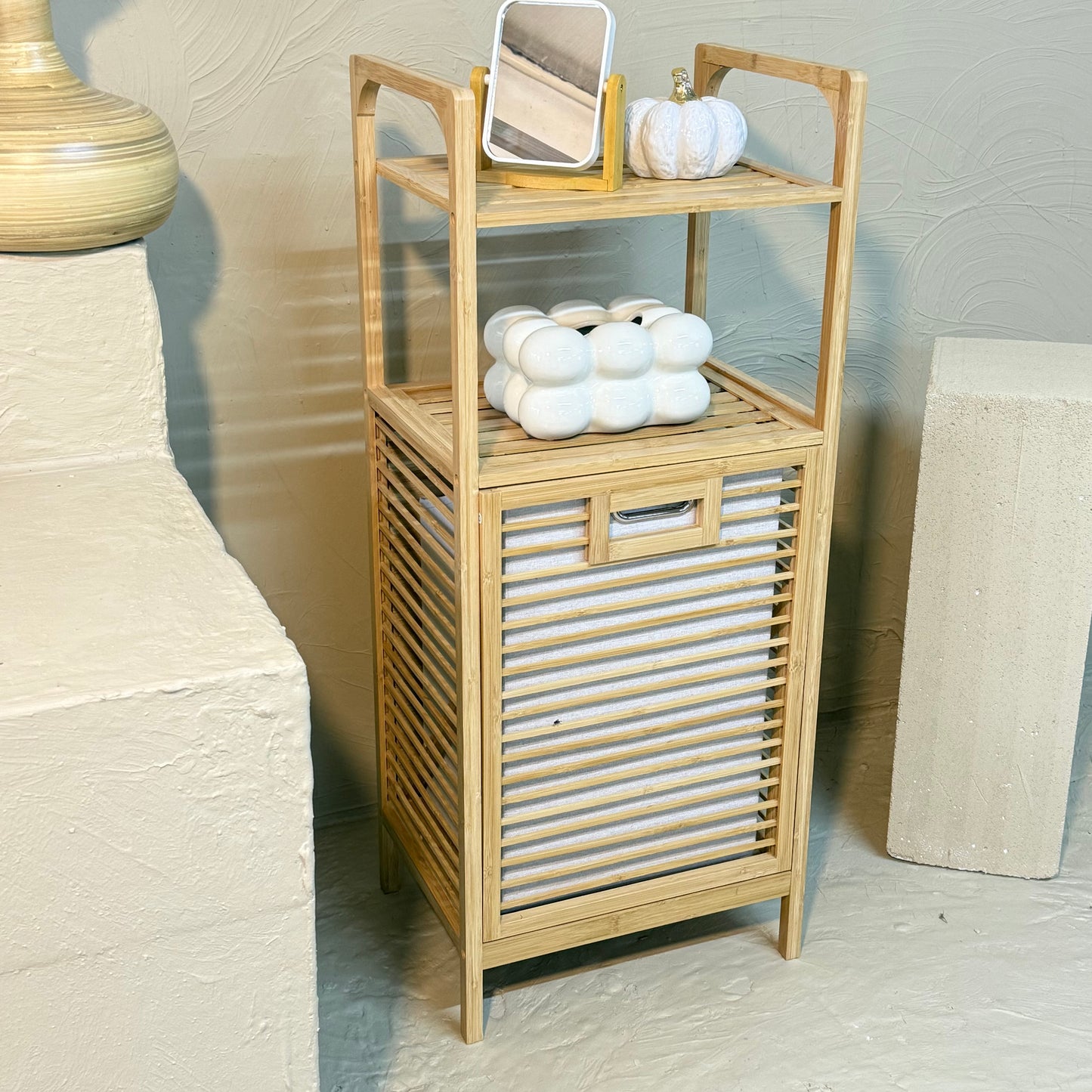 Lalezar 2 Raflı Bambu Kirli Çamaşır Sepeti Krem  KOD:8020