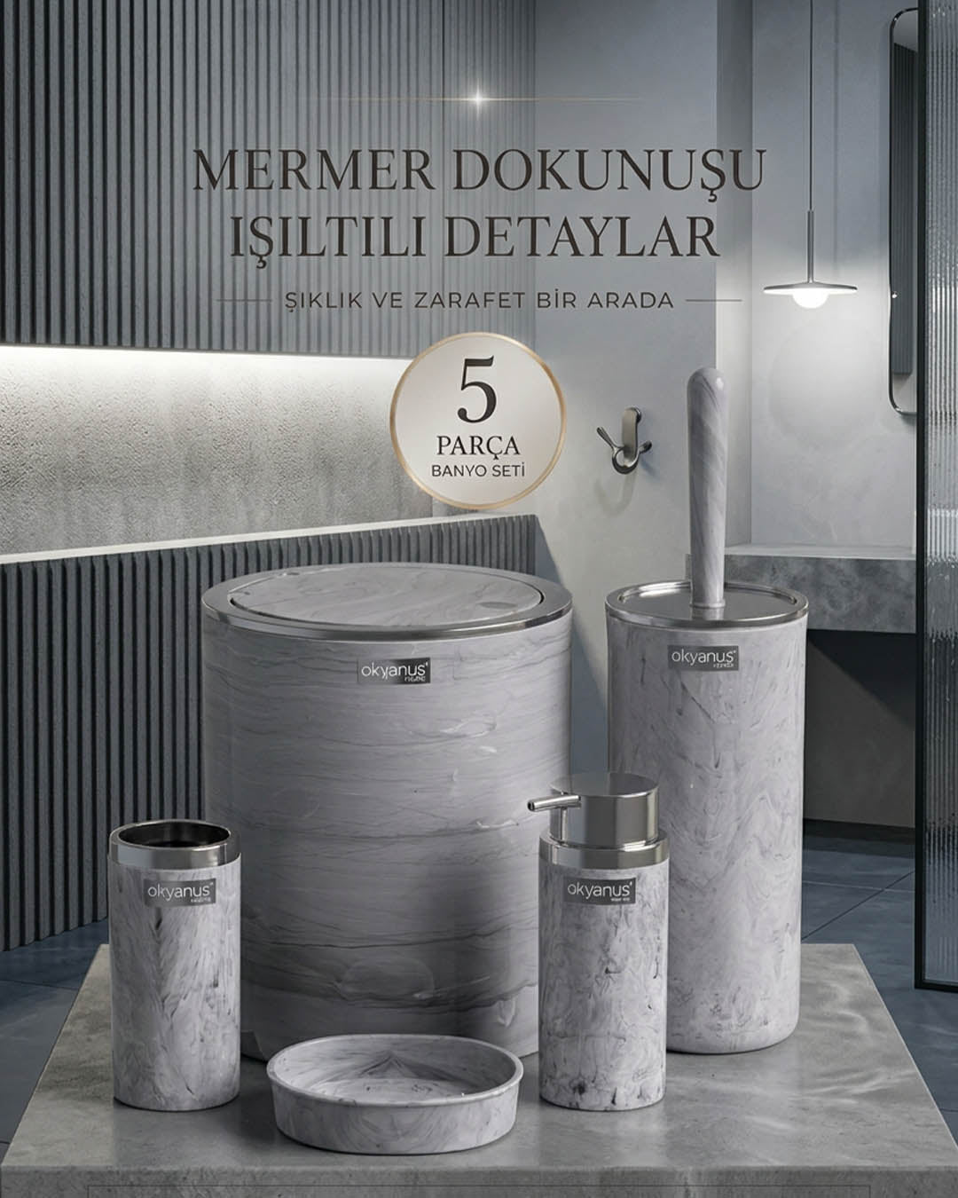 Yuvarlak Krom Mermer Desenli 5'li Banyo Seti