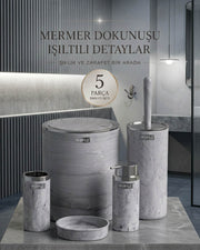 Yuvarlak Krom Mermer Desenli 5'li Banyo Seti