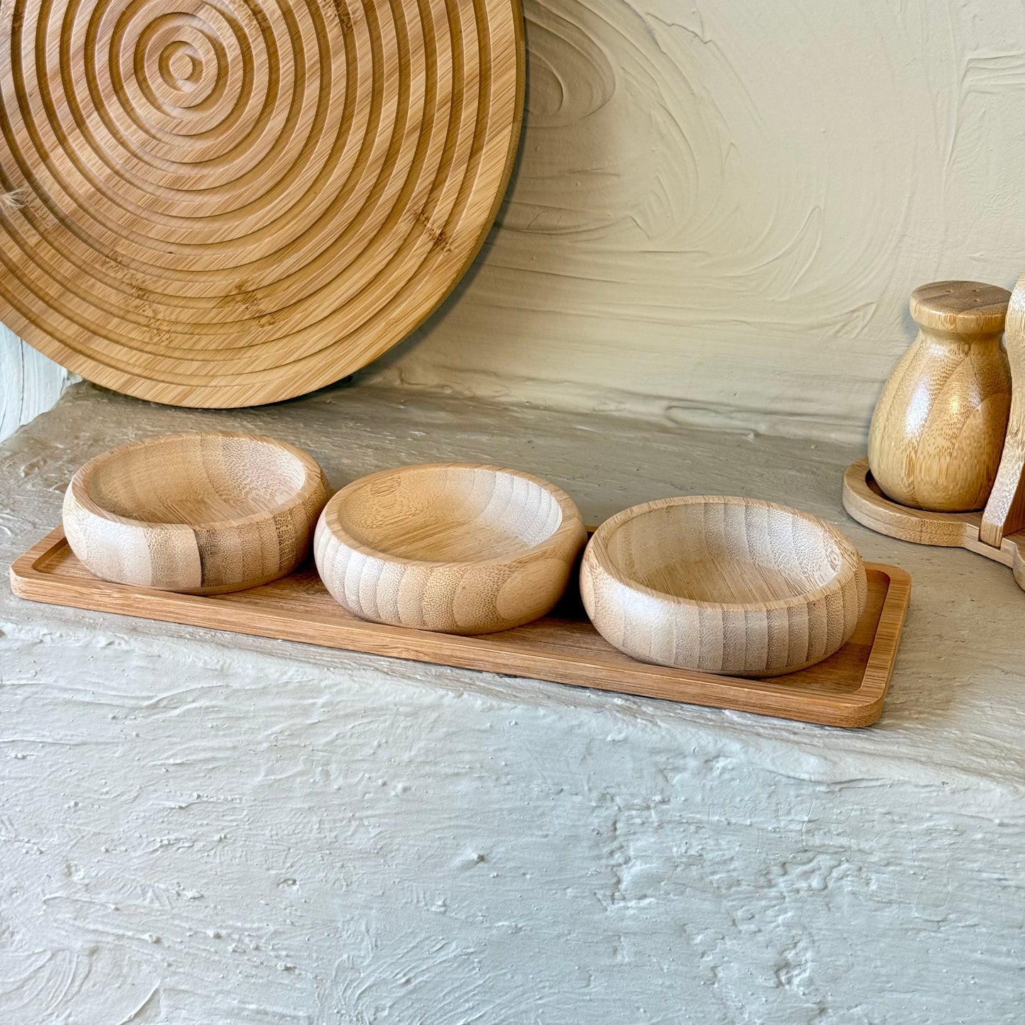 Miev Bambu Standlı 3Lü Yuvarlak Çerezlik Sosluk Seti