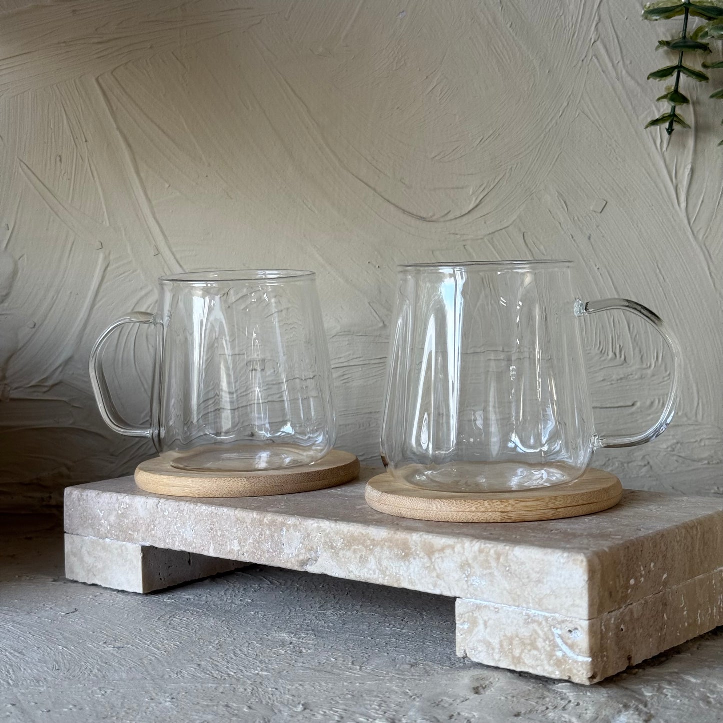 Tutku Bambu Standlı Borosilikat Cam İkili Kupa Seti Çizgili Model