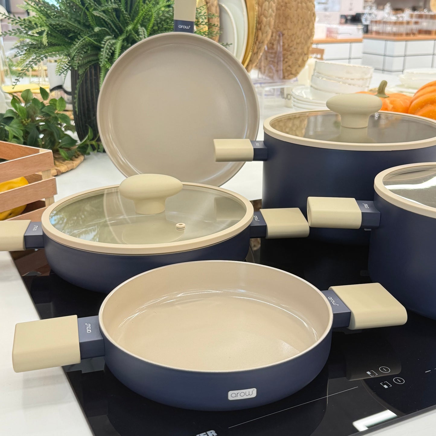 Arow Kristal Kaplama Yapışmaz Taban Tencere Tava Seti 8 Parça Mavi
