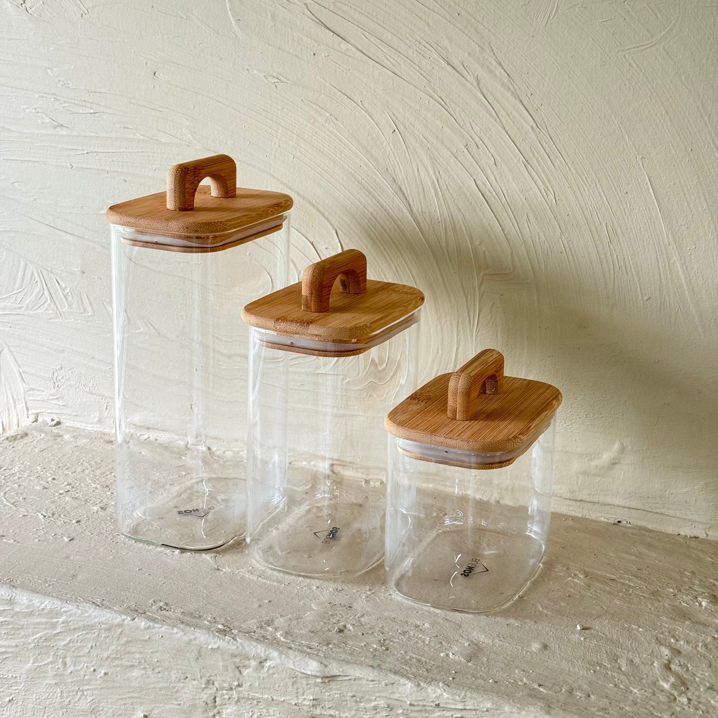 Buenos Dikdörtgen Model Akasya Ağacı Kapaklı 3 Boy Erzak Kavanoz Seti