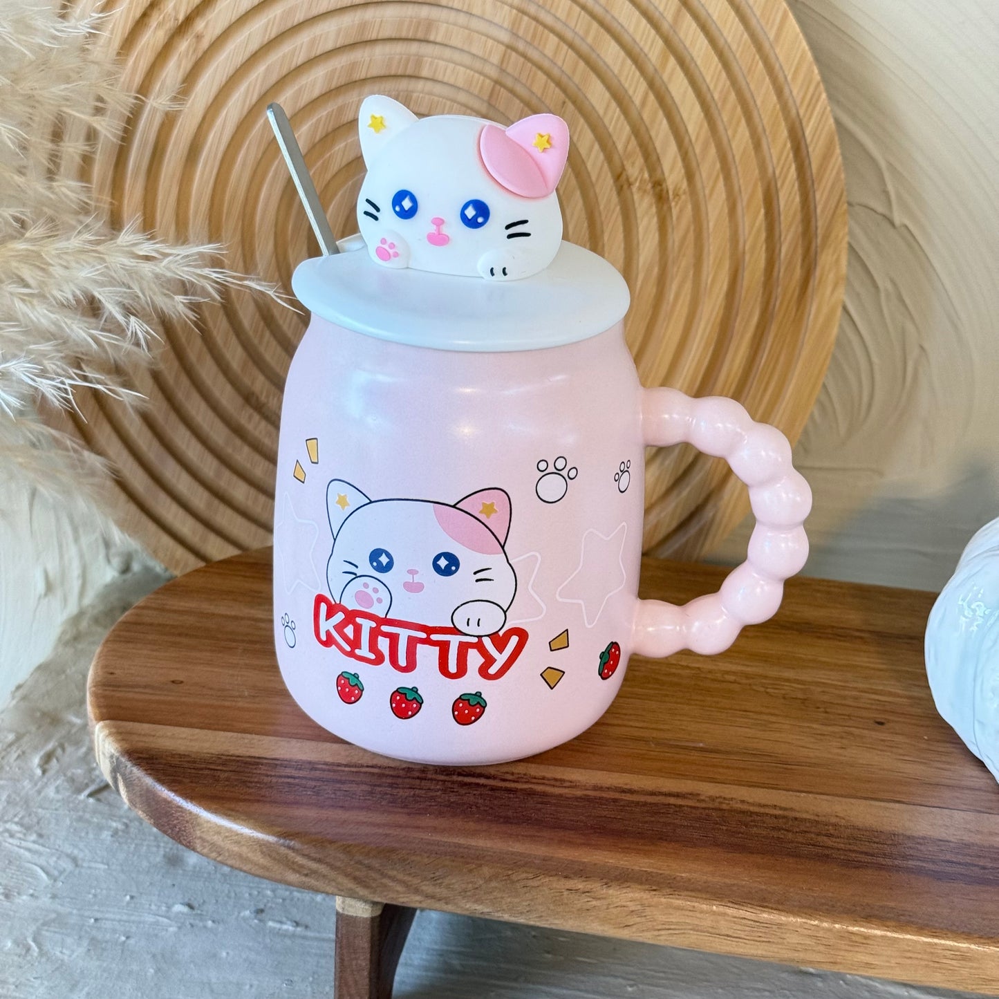 Tutku Kitty Kapaklı Porselen Kupa Pembe